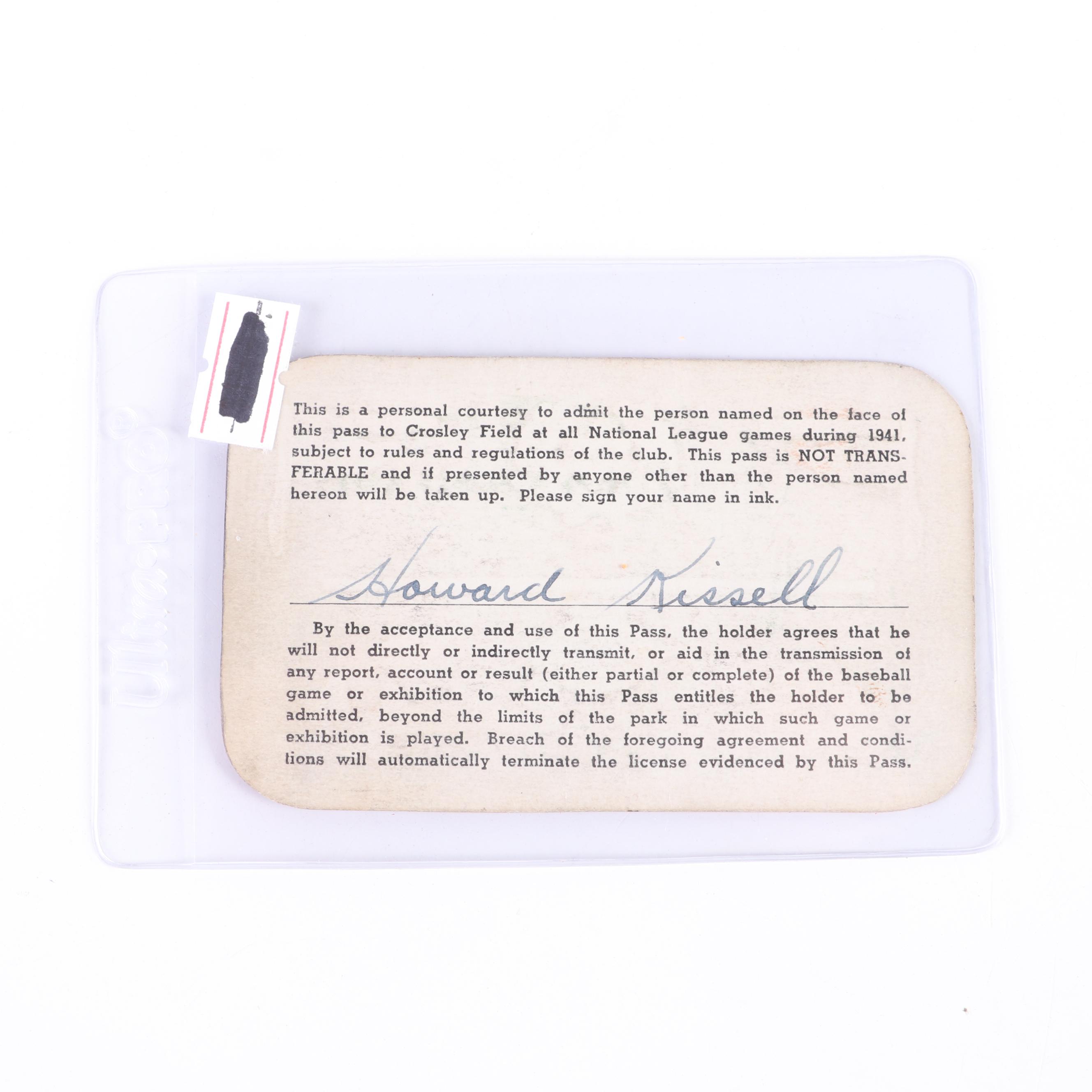 1941 Cincinnati Reds Full Season "Personal Courtesy" Pass