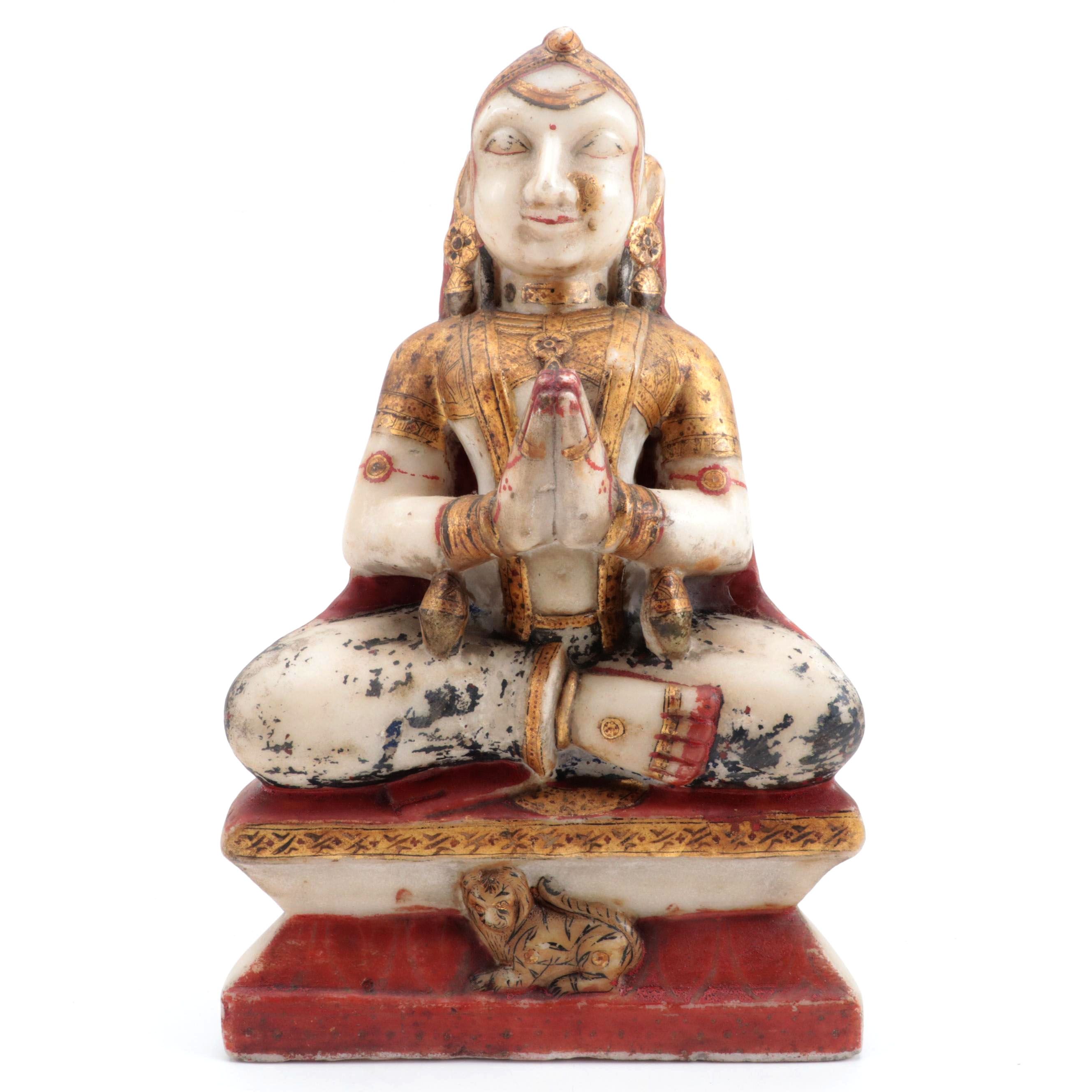 Indian Gilt Polychrome Alabaster Carving of a Devi