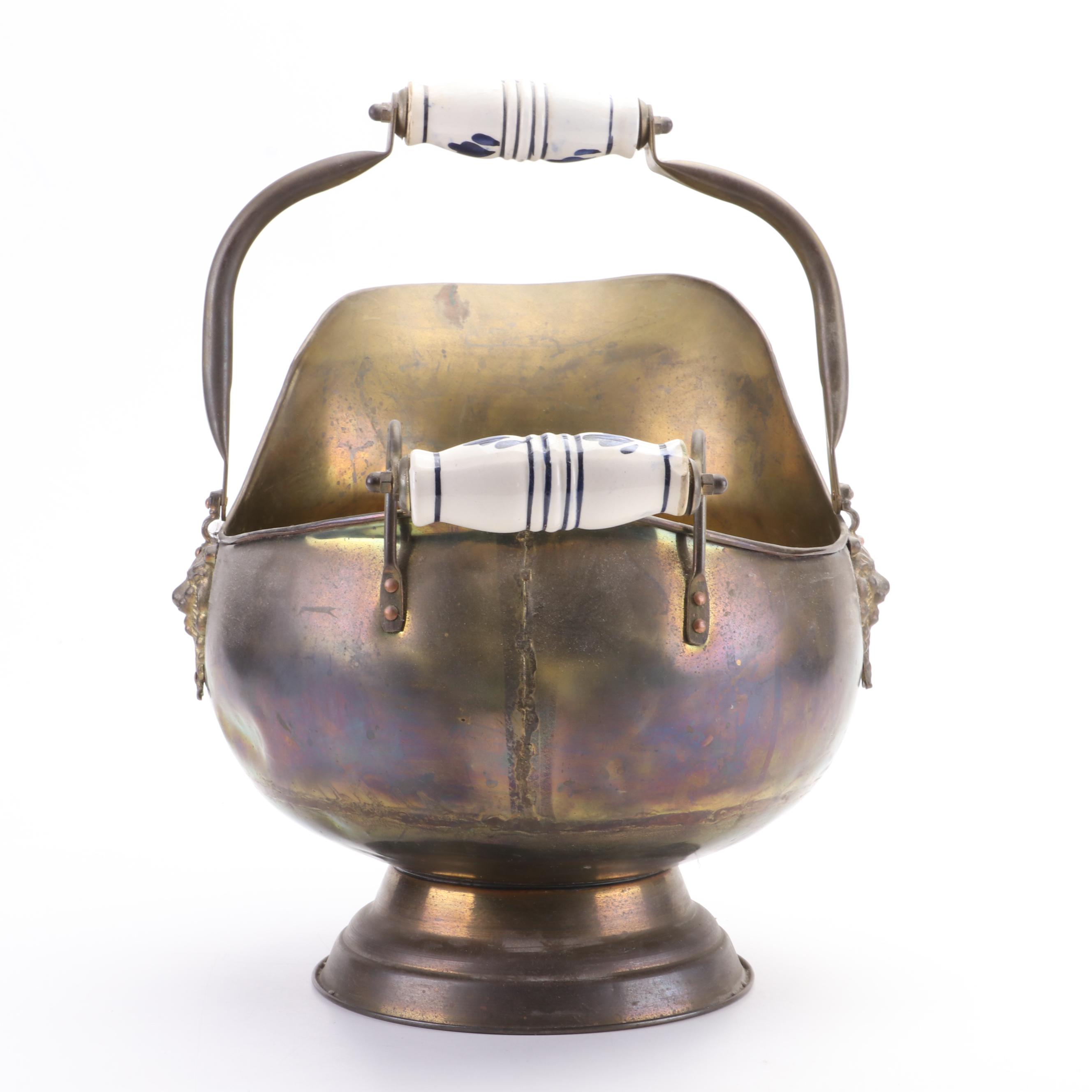 Dutch Brass Coal Scuttle with Delft Handles