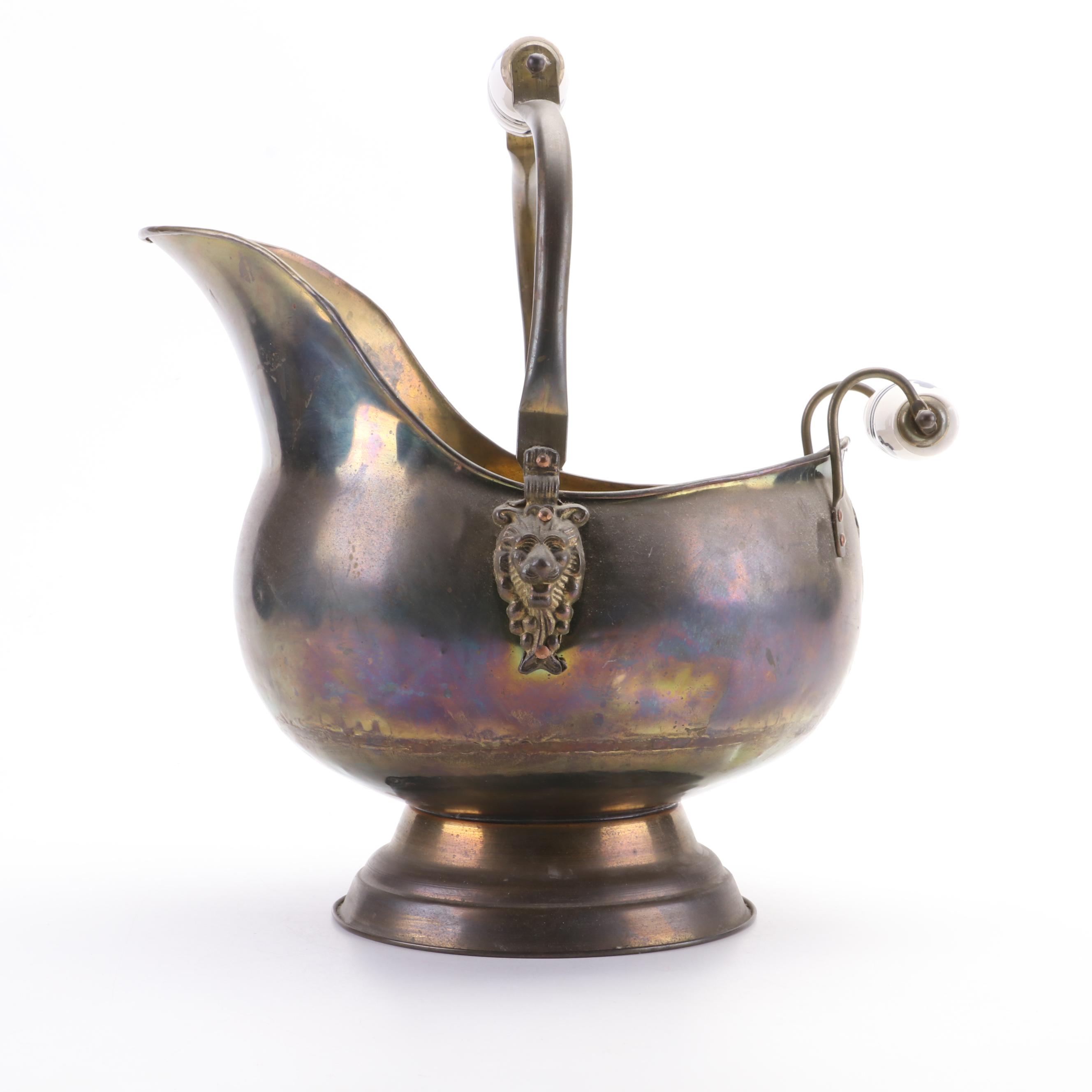 Dutch Brass Coal Scuttle with Delft Handles