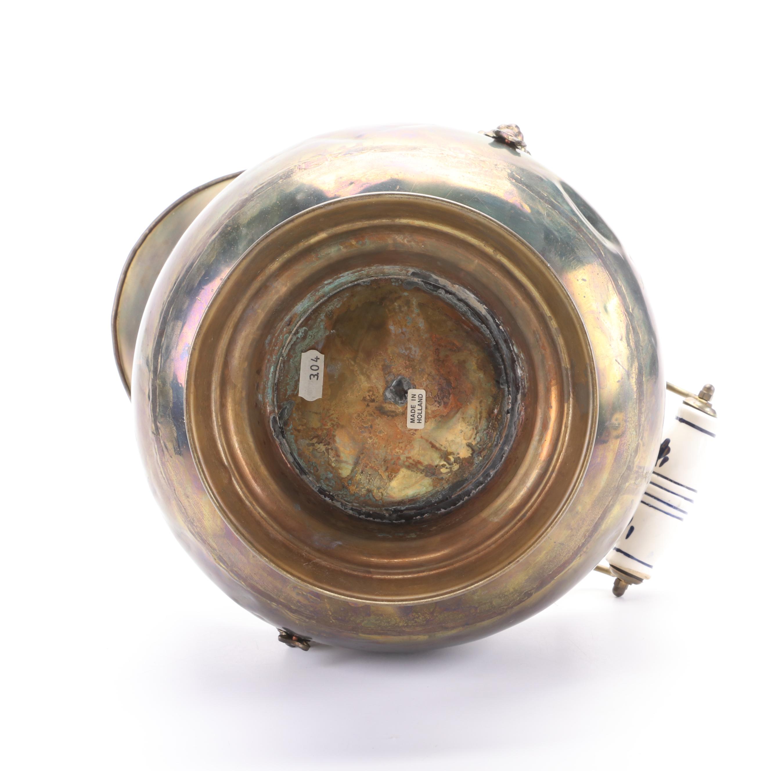 Dutch Brass Coal Scuttle with Delft Handles