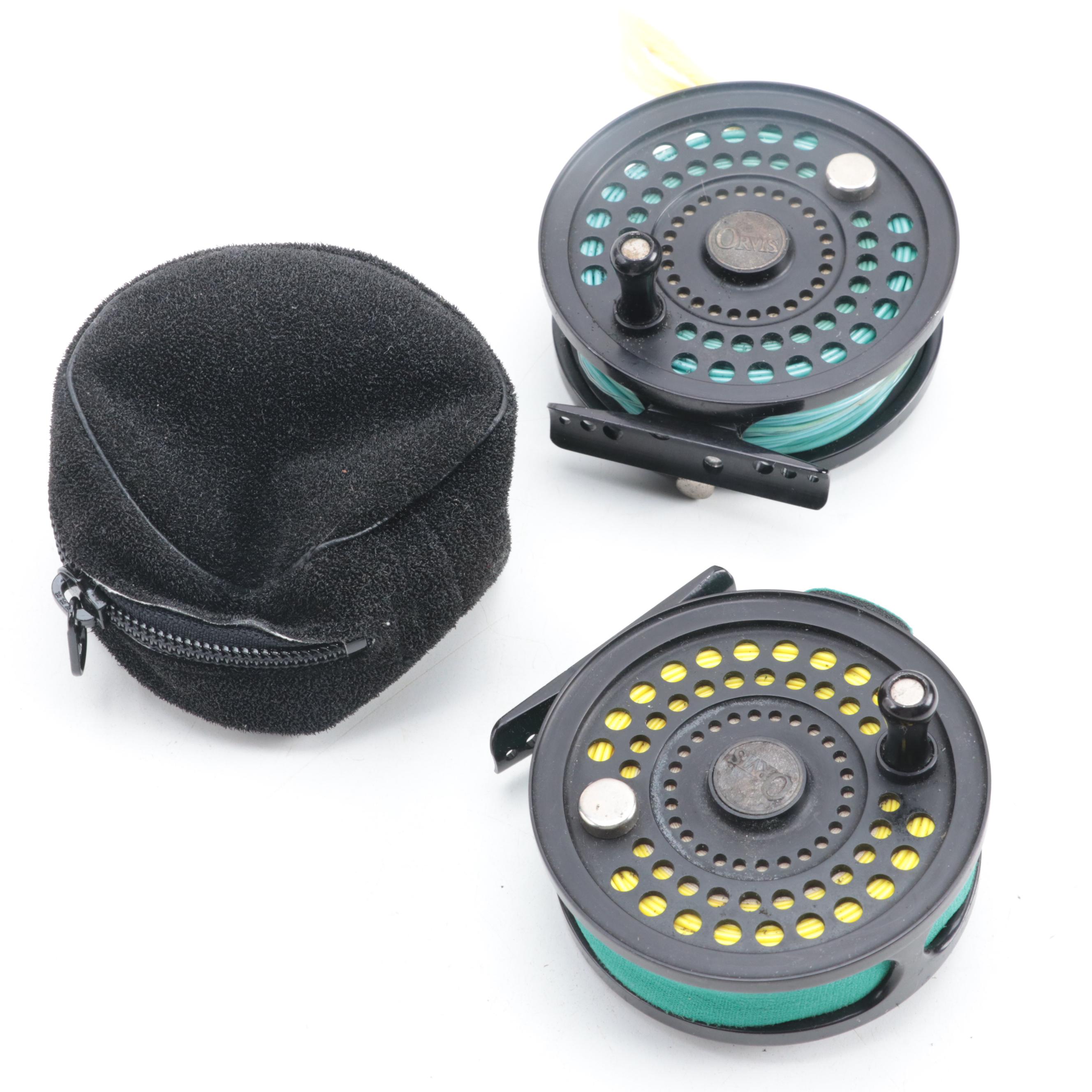 Holland Sport Oxblood Leather Range Bags with Brodin Landing Net and Orvis Reels