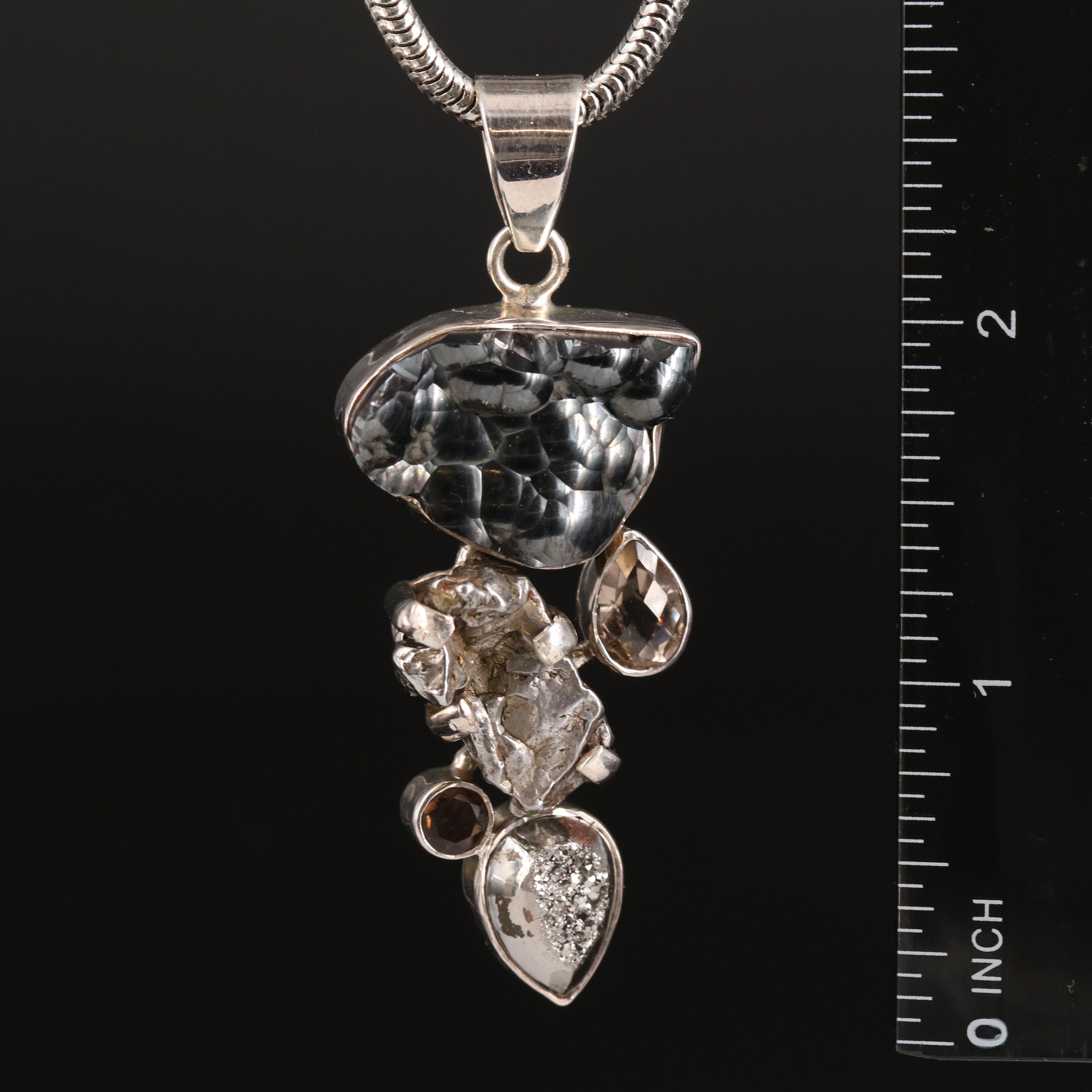 Sterling Hematite, Smoky Quartz and Druzy Pendant Necklace