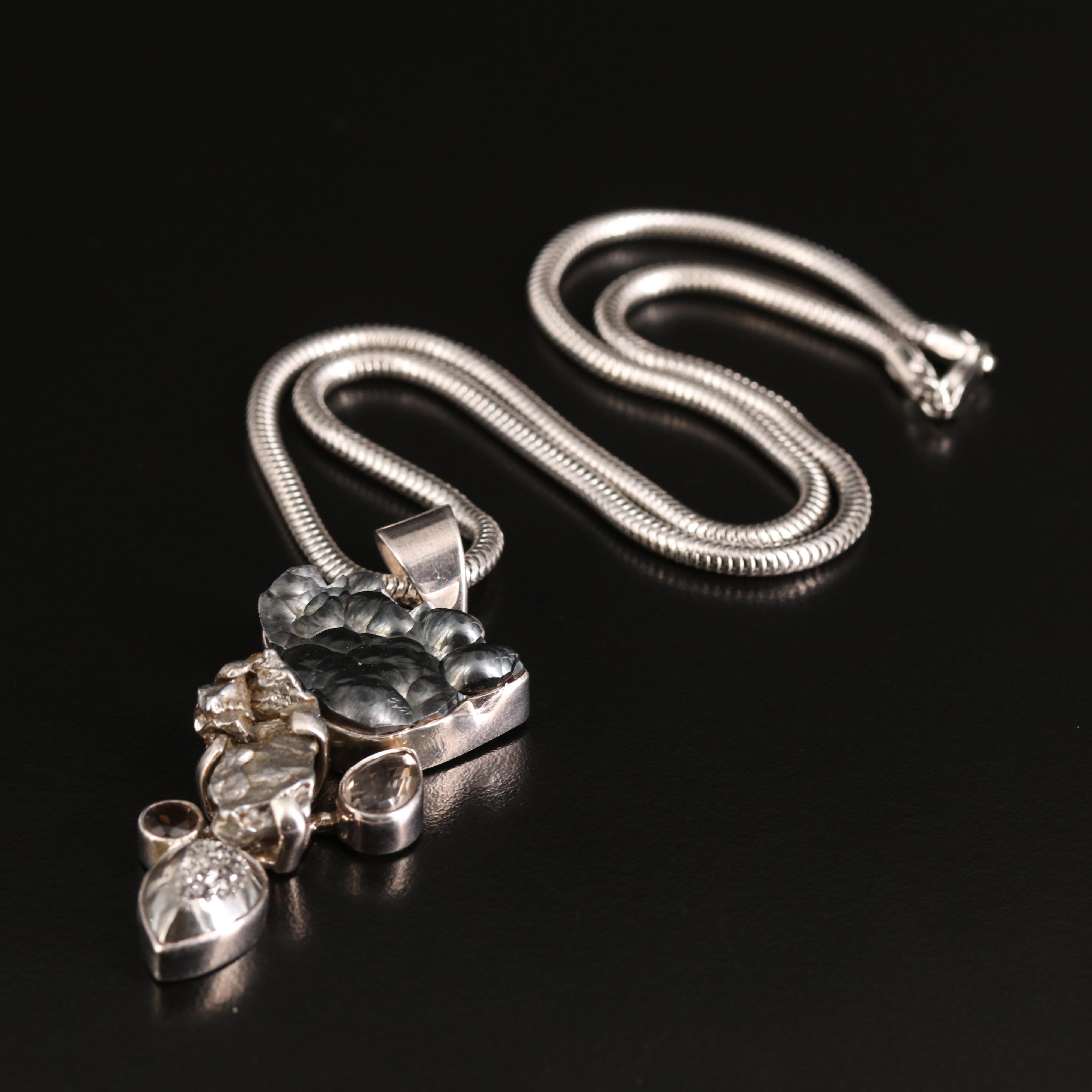 Sterling Hematite, Smoky Quartz and Druzy Pendant Necklace