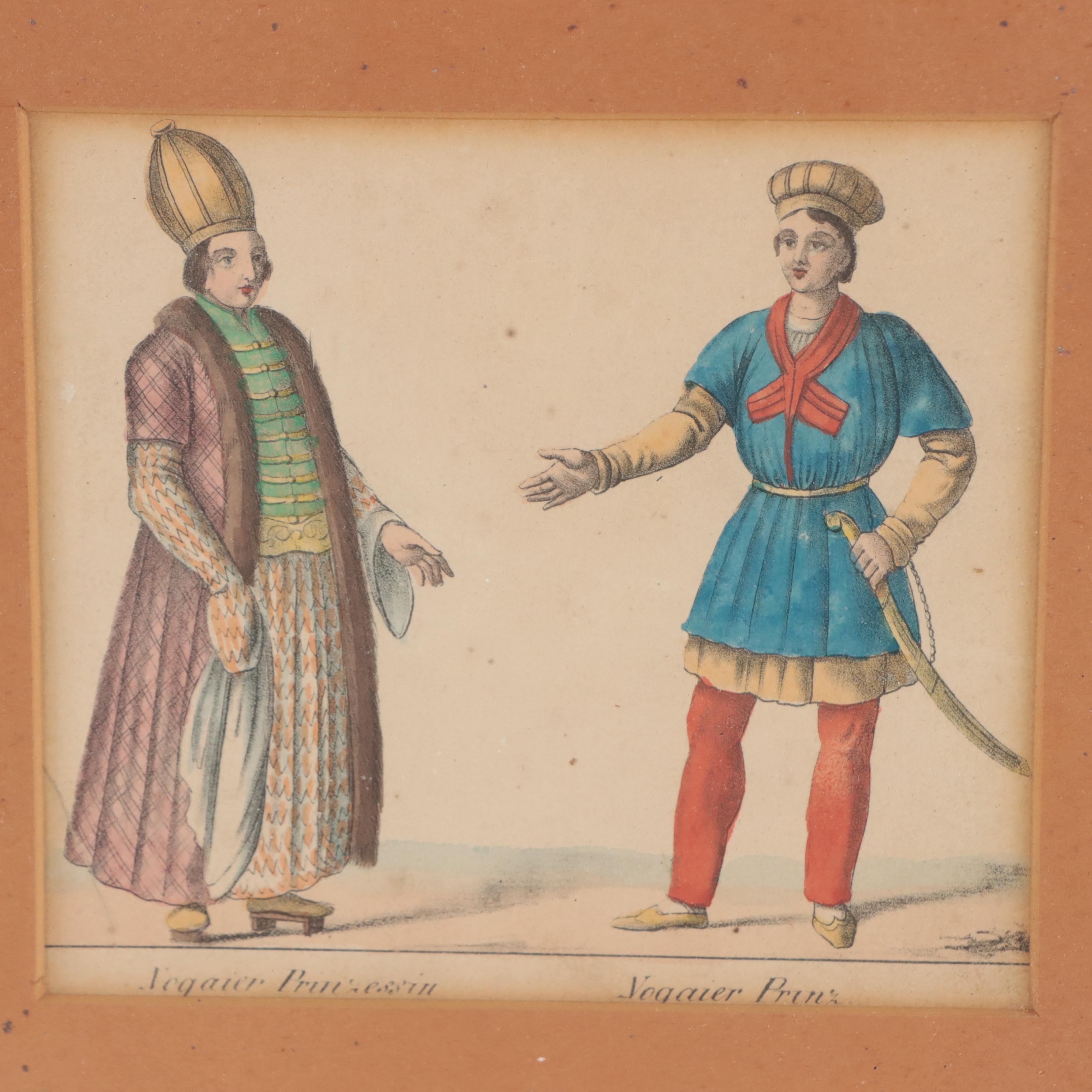 Hand-Colored German Lithographs of Figures and Rituals, 19th Century