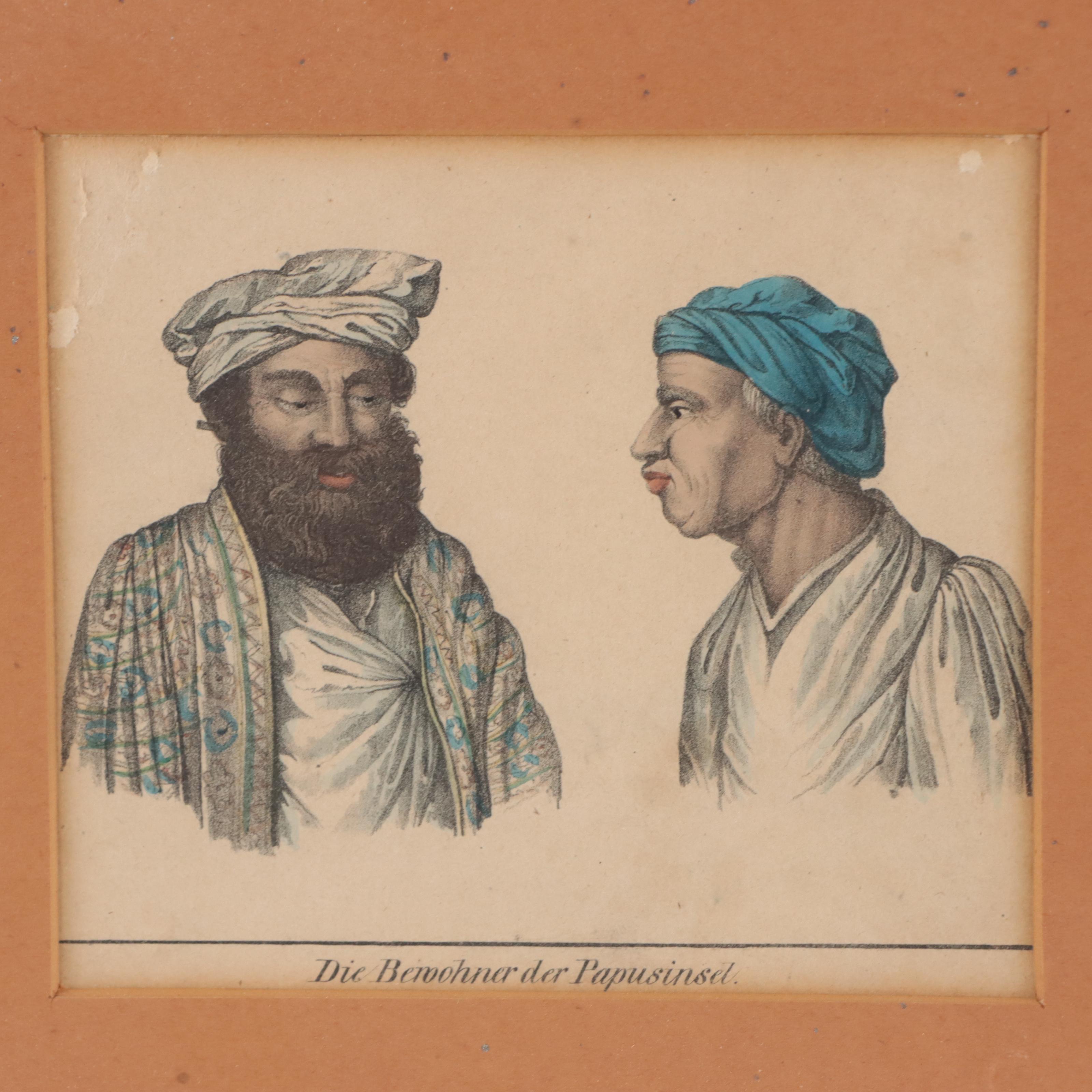 Hand-Colored German Lithographs of Figures and Rituals, 19th Century