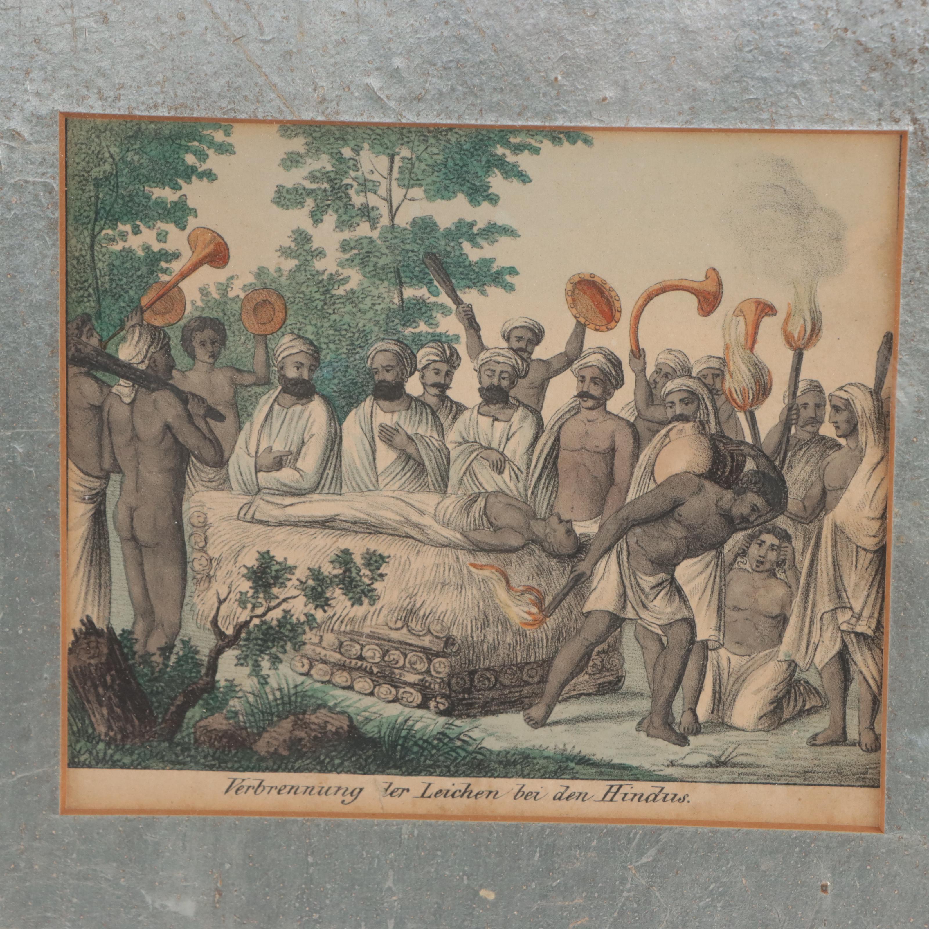 Hand-Colored German Lithographs of Figures and Rituals, 19th Century