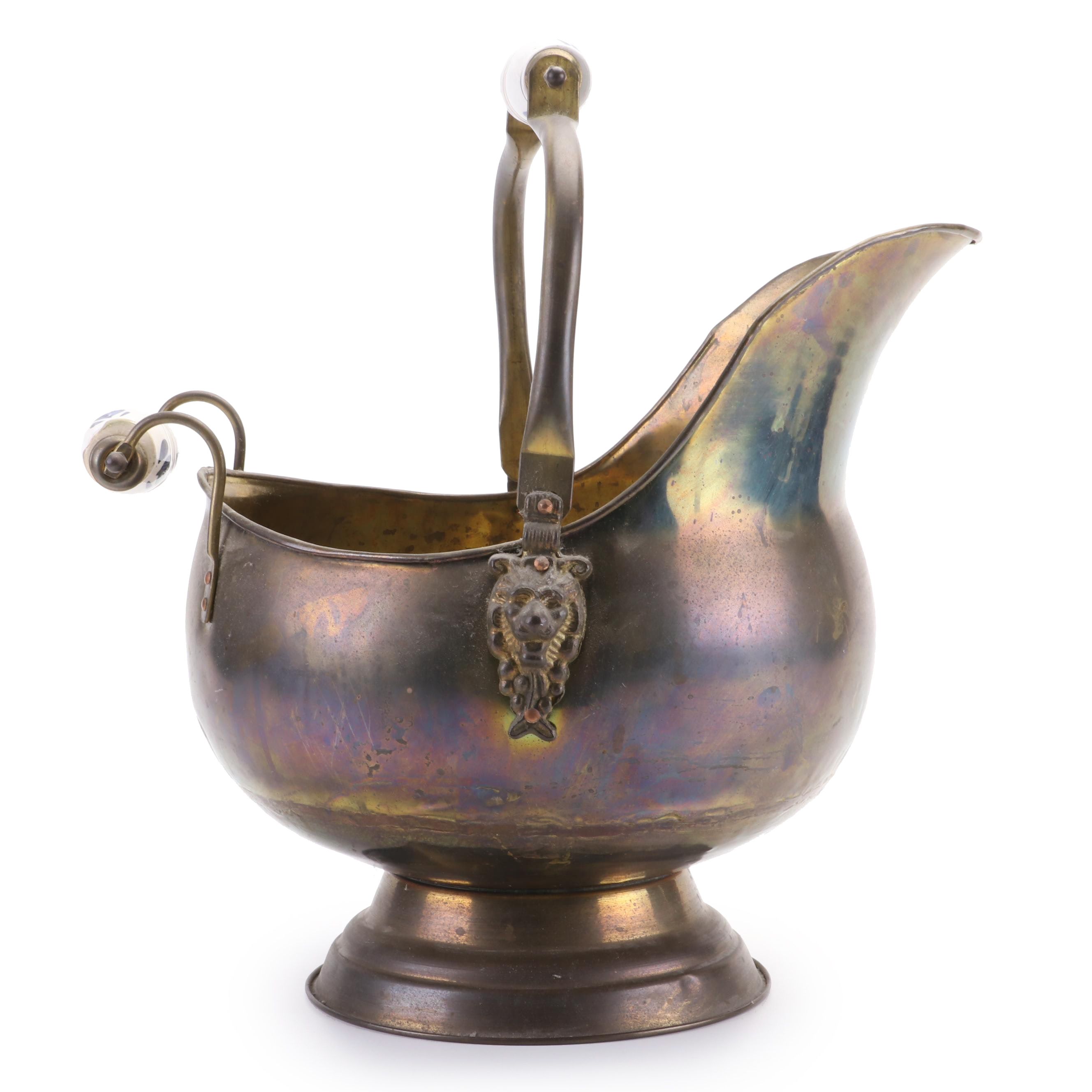 Dutch Brass Coal Scuttle with Delft Handles