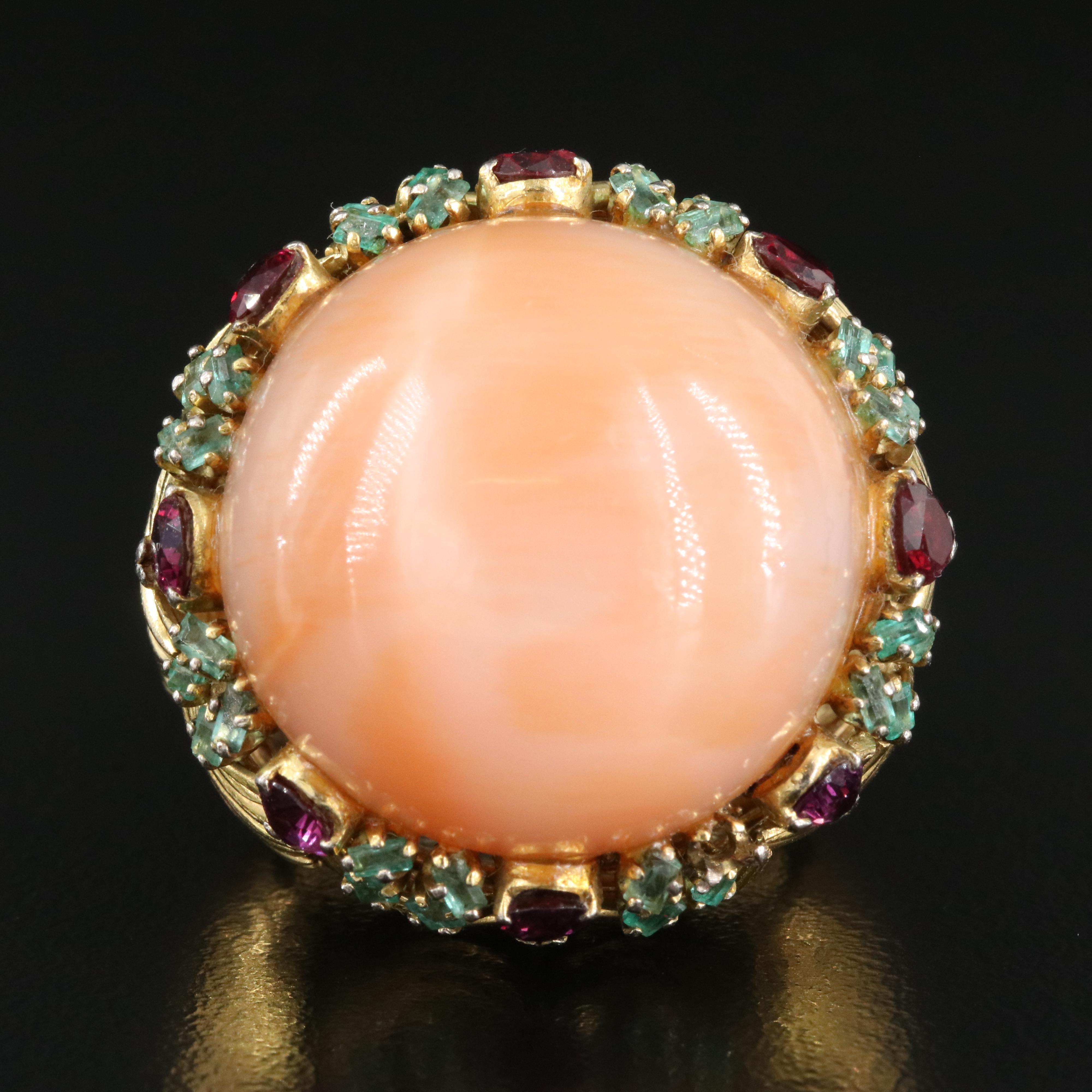 14K Cat's Eye Moonstone, Ruby and Emerald Ring