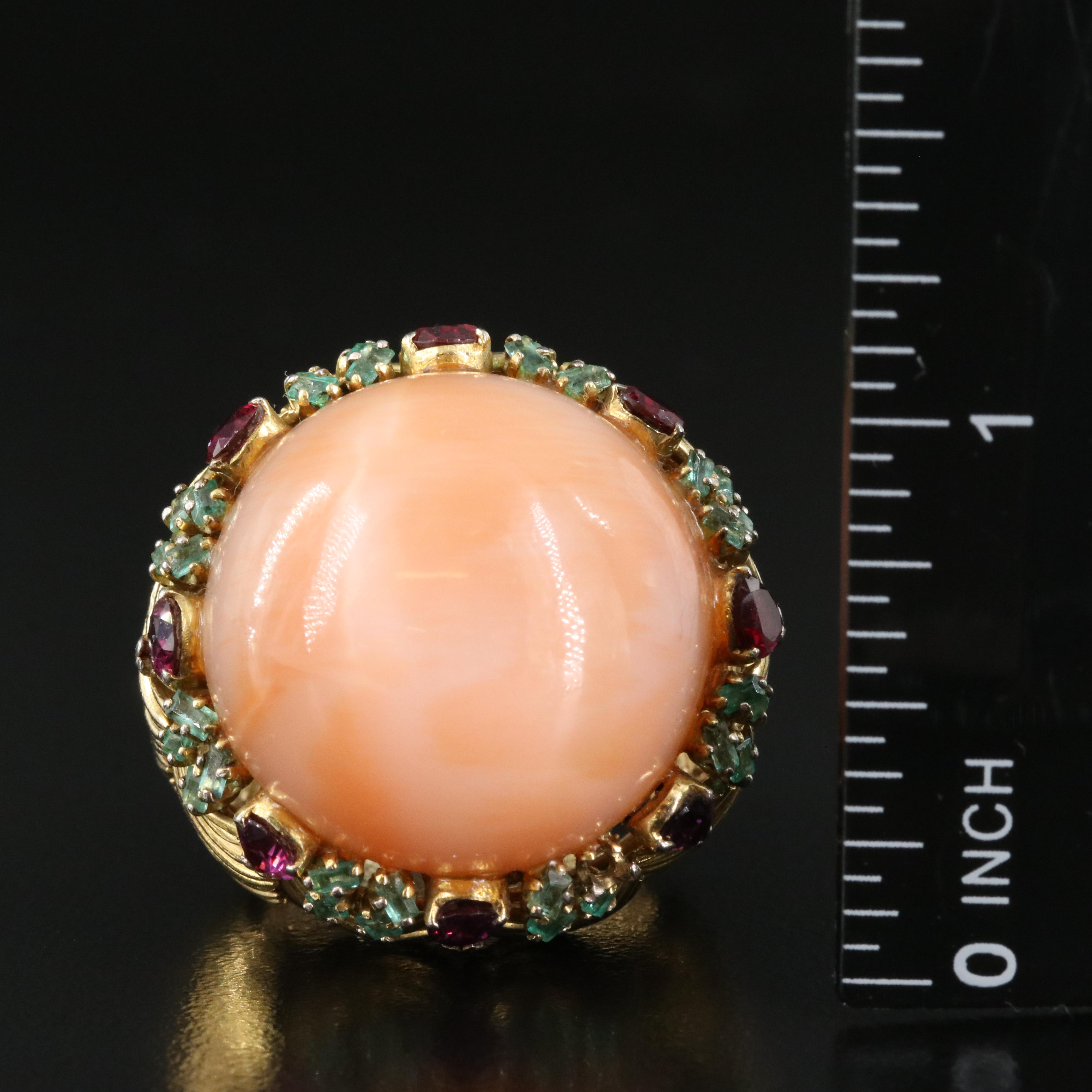 14K Cat's Eye Moonstone, Ruby and Emerald Ring