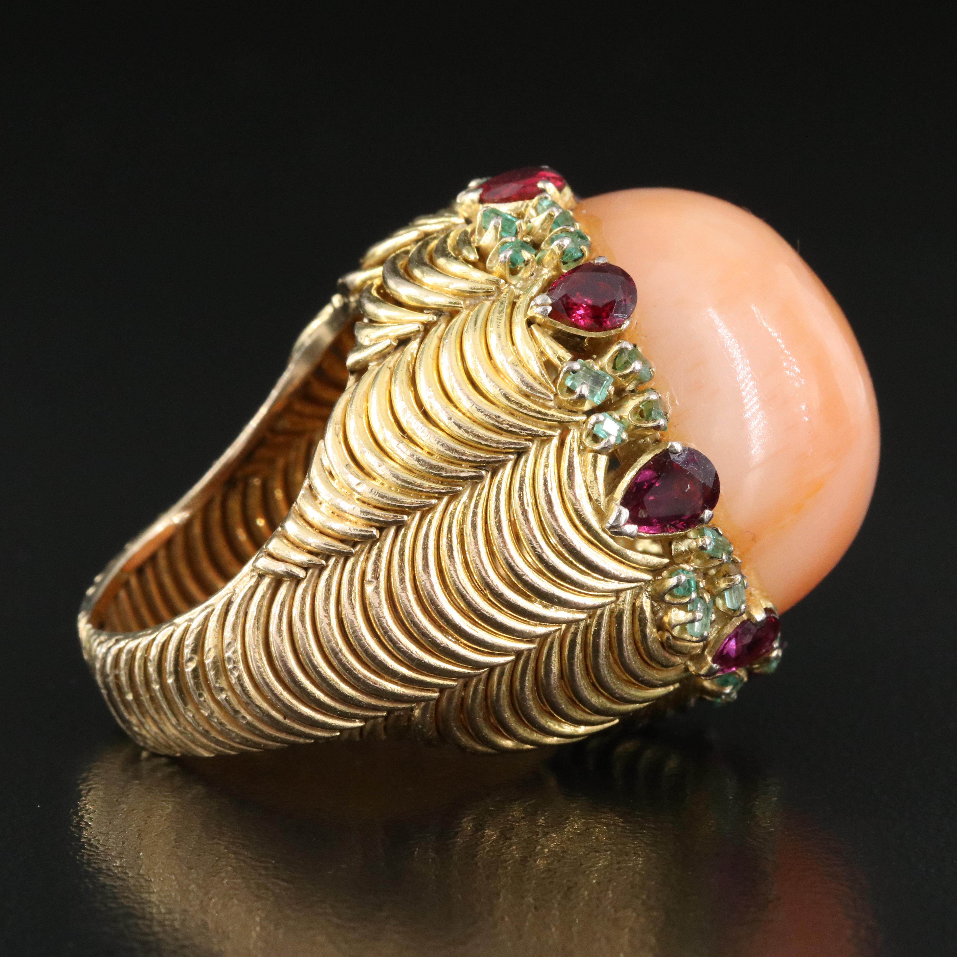 14K Cat's Eye Moonstone, Ruby and Emerald Ring