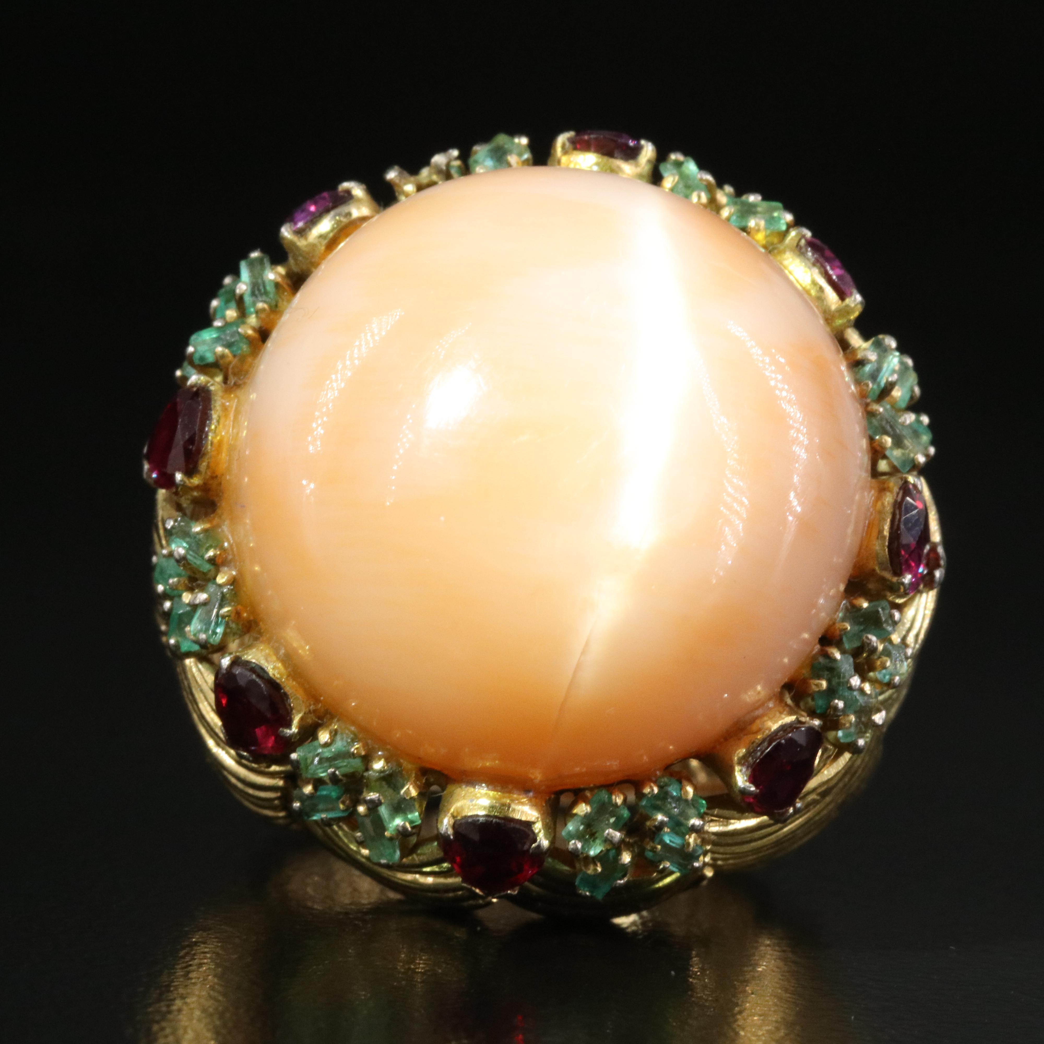 14K Cat's Eye Moonstone, Ruby and Emerald Ring