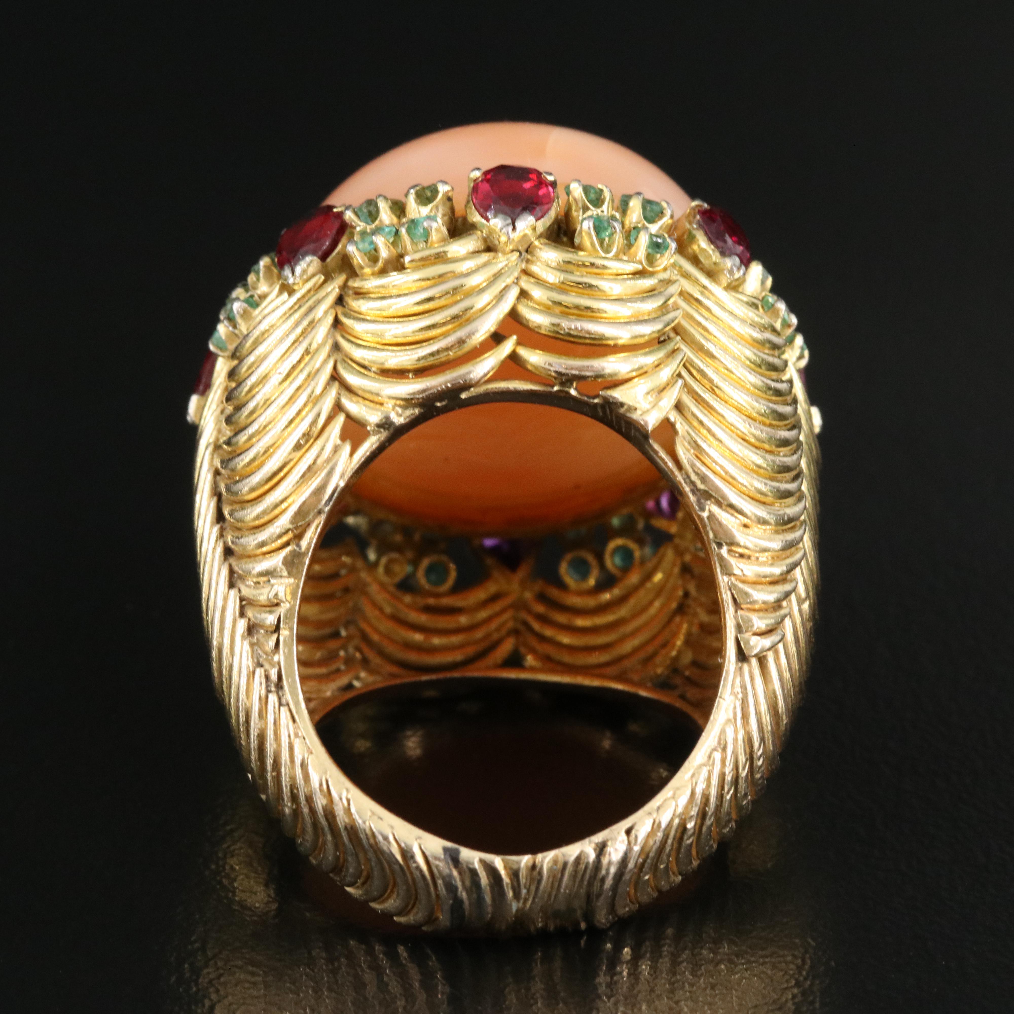 14K Cat's Eye Moonstone, Ruby and Emerald Ring