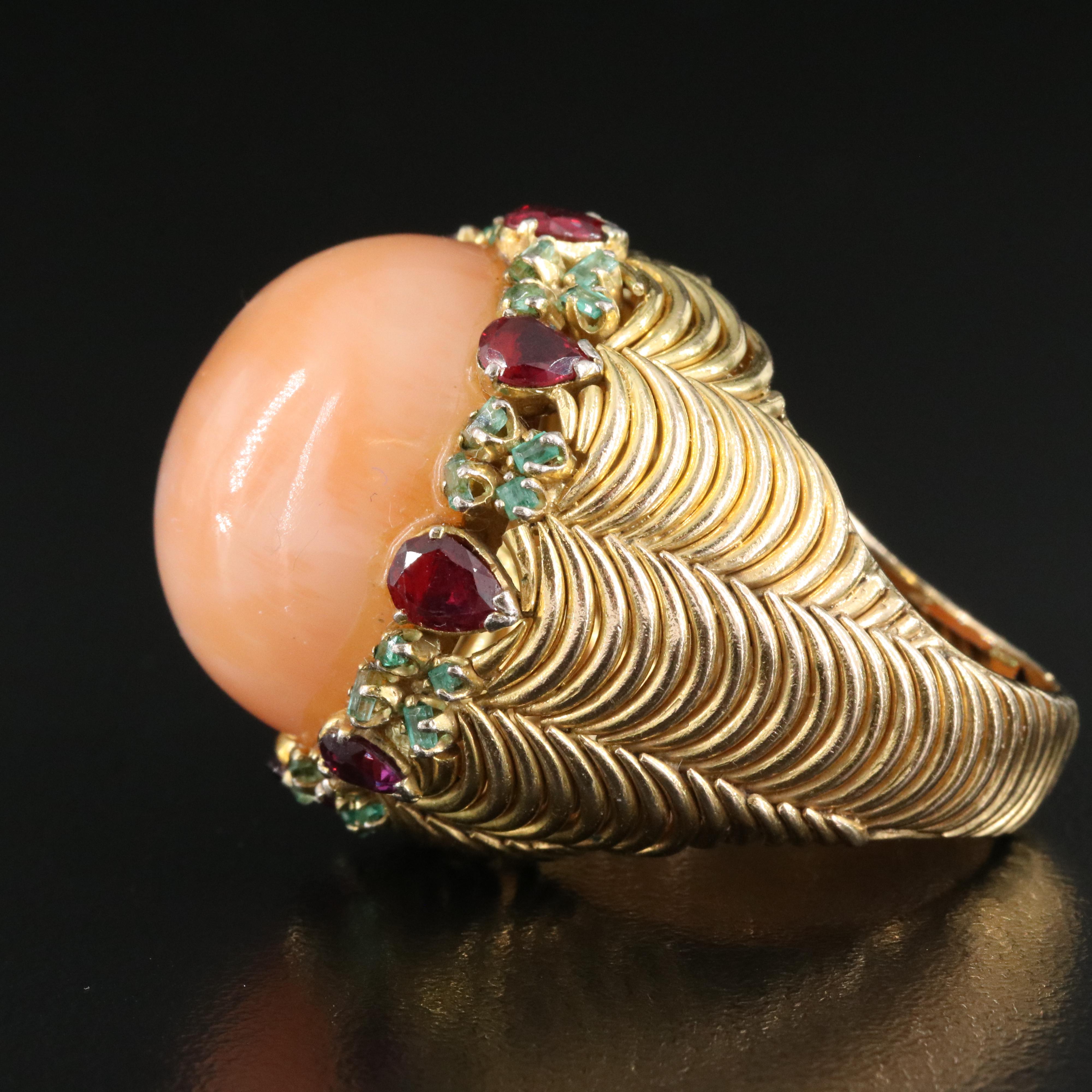 14K Cat's Eye Moonstone, Ruby and Emerald Ring