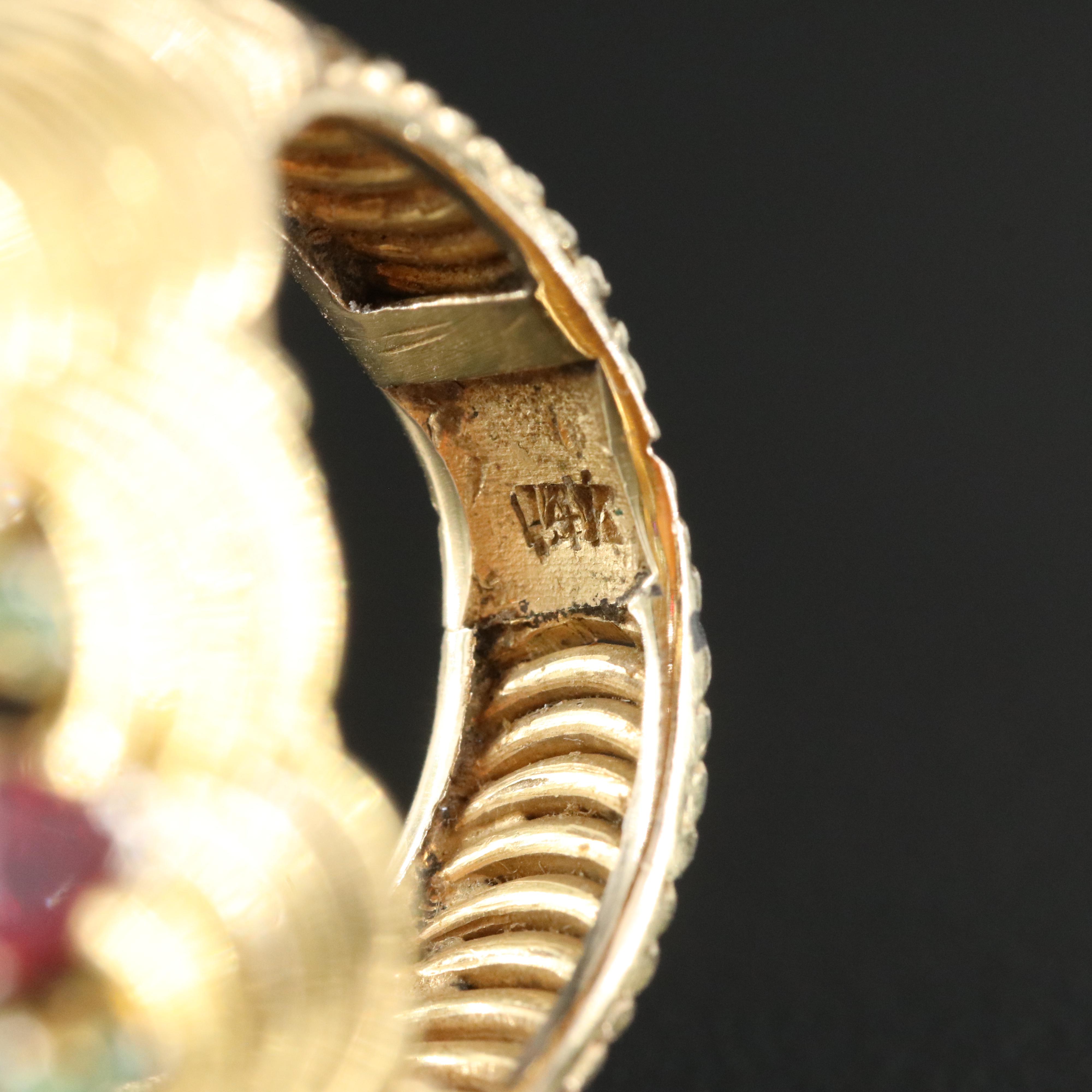 14K Cat's Eye Moonstone, Ruby and Emerald Ring