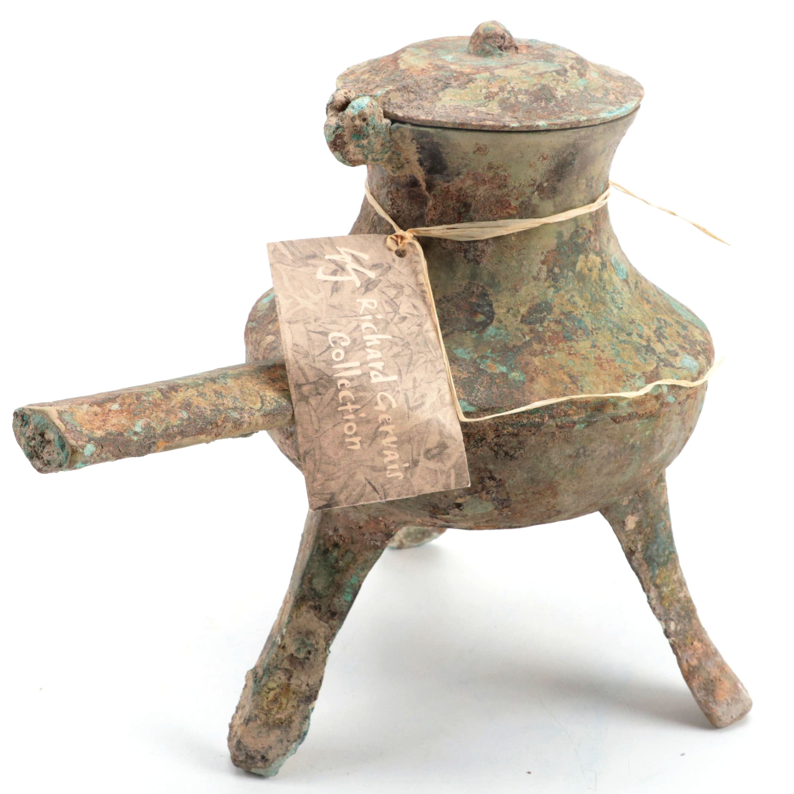 Vietnamese Han Dynasty Bronze Handled Tripod Cooking Vessel