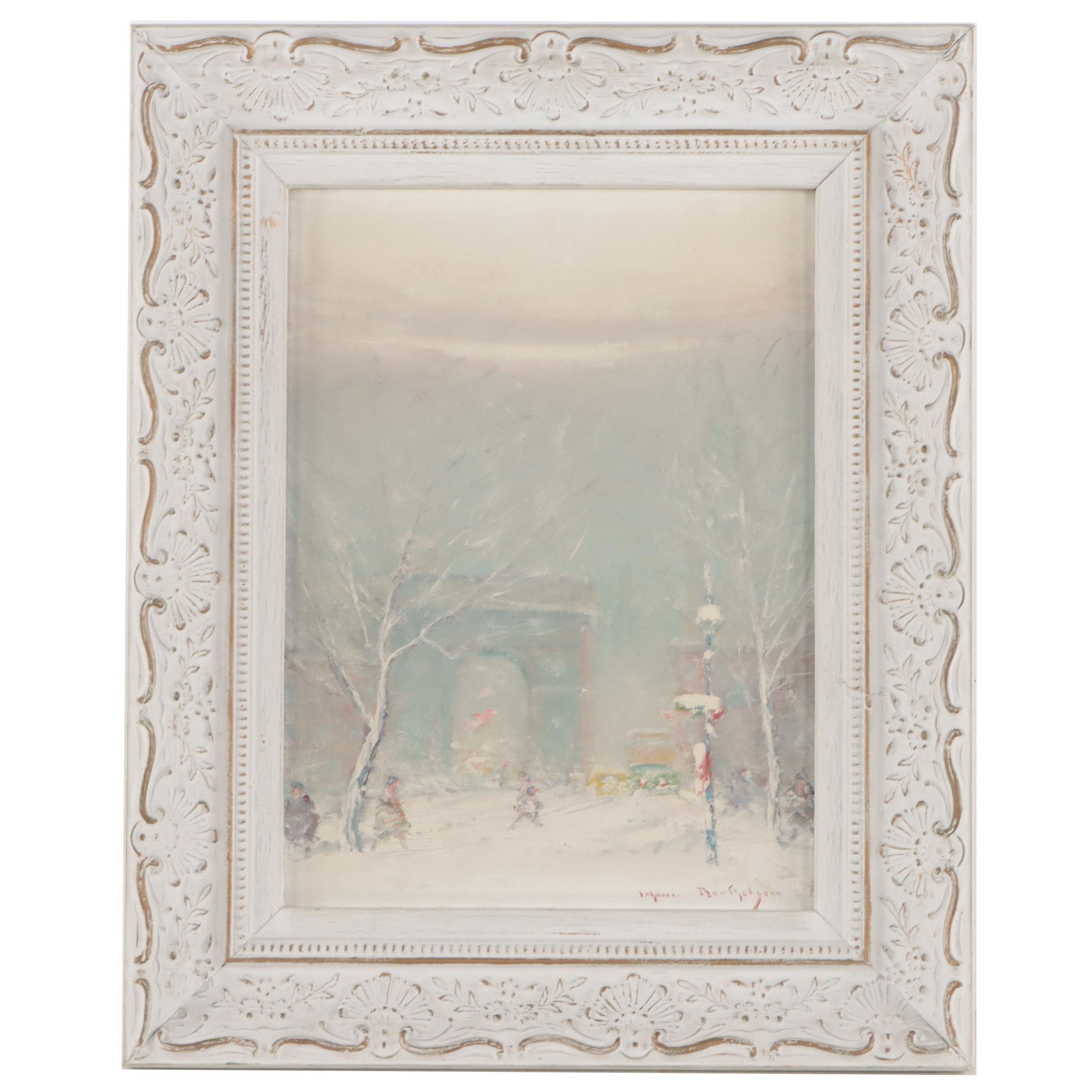Johann Berthelsen Cityscape Oil Painting of Washington Square Park in the Snow