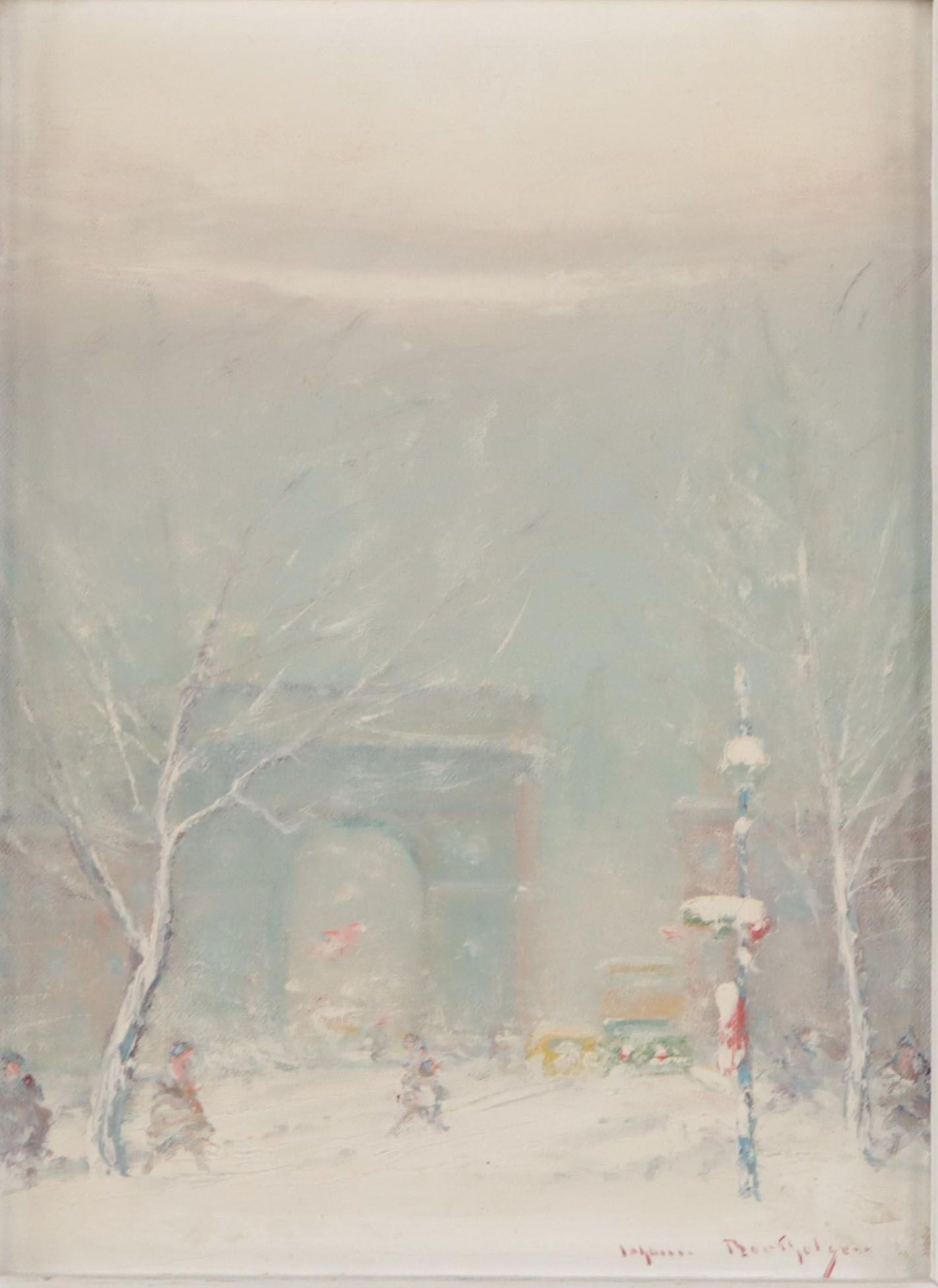 Johann Berthelsen Cityscape Oil Painting of Washington Square Park in the Snow