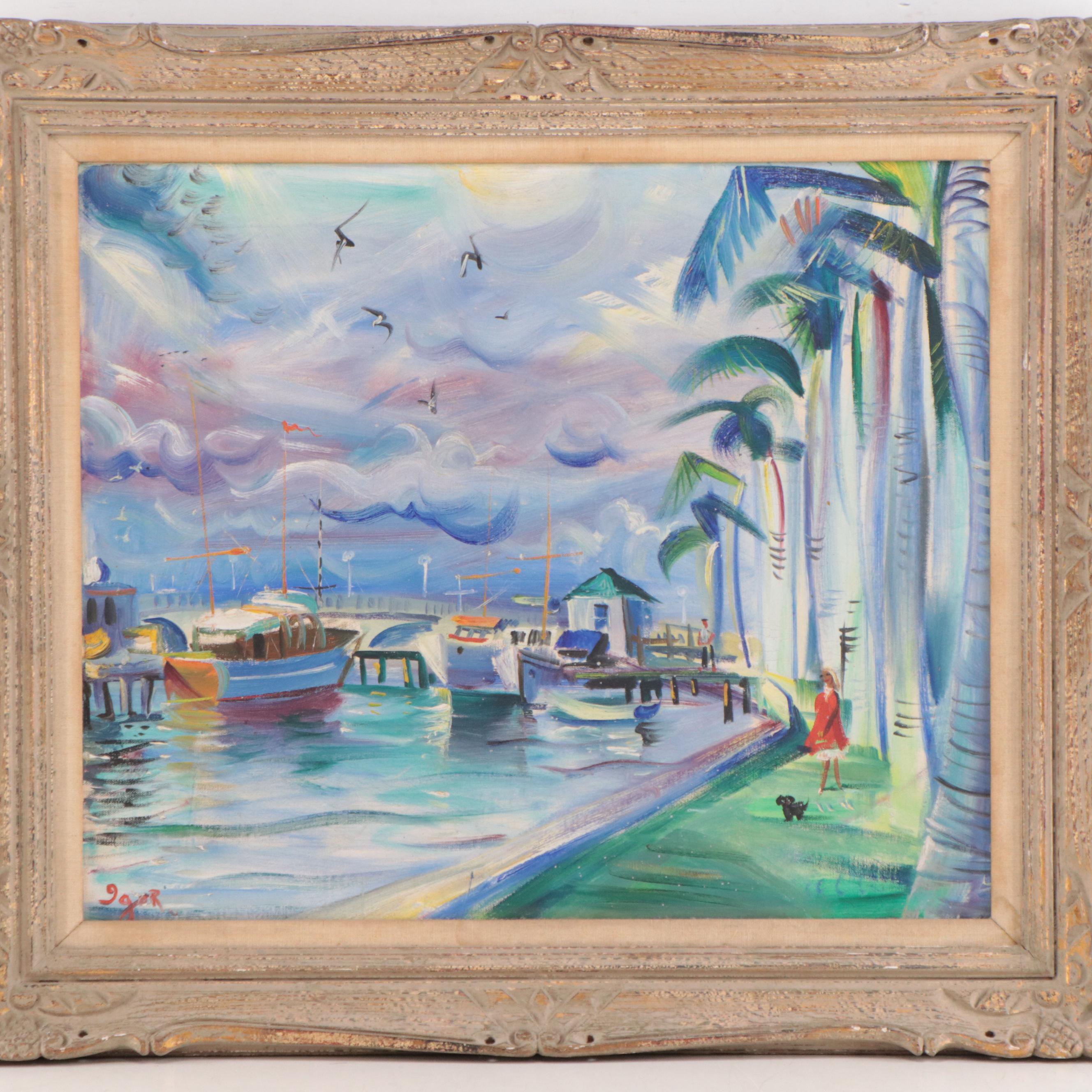 Igor Stylized Oil Painting of Harbor Scene, Late 20th Century