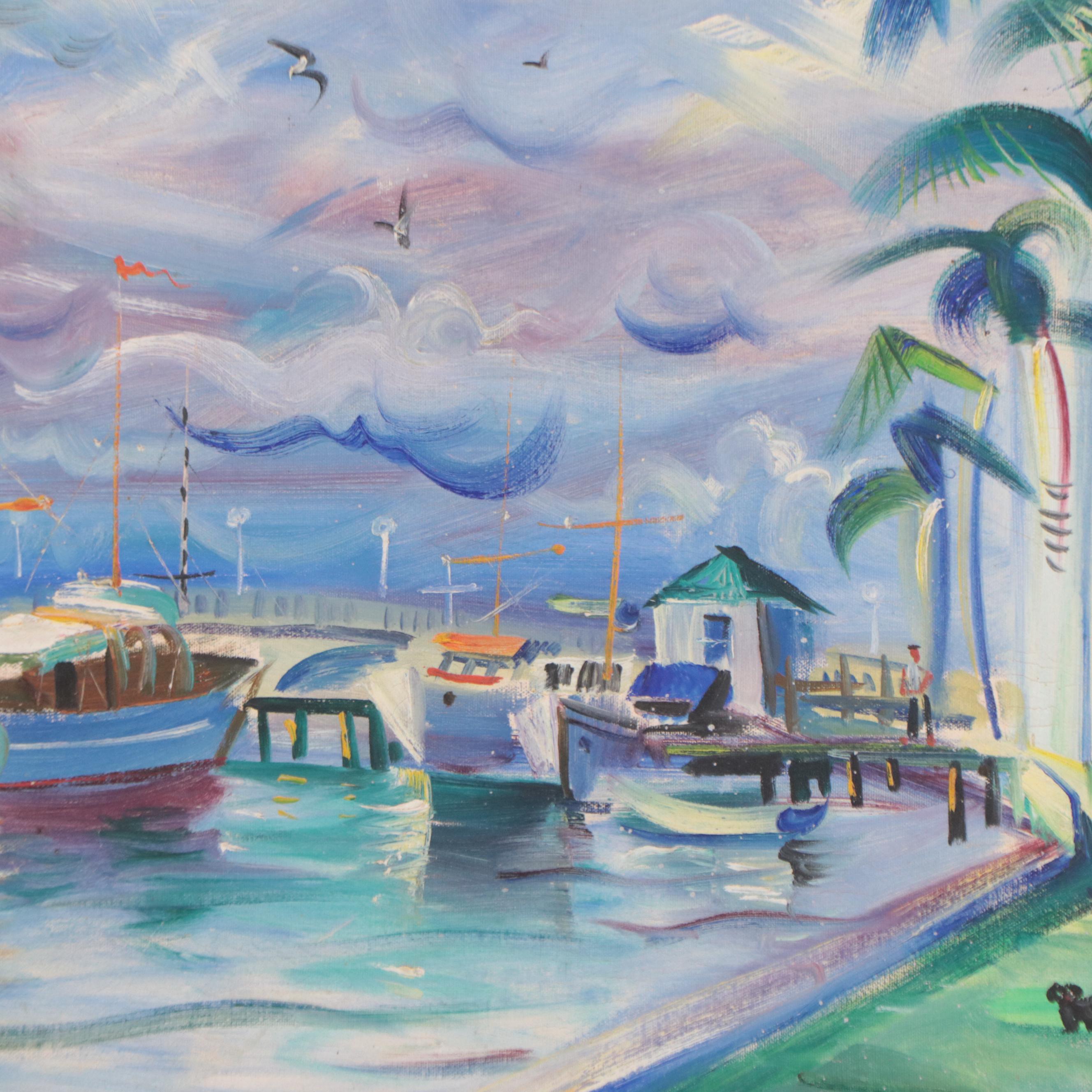 Igor Stylized Oil Painting of Harbor Scene, Late 20th Century