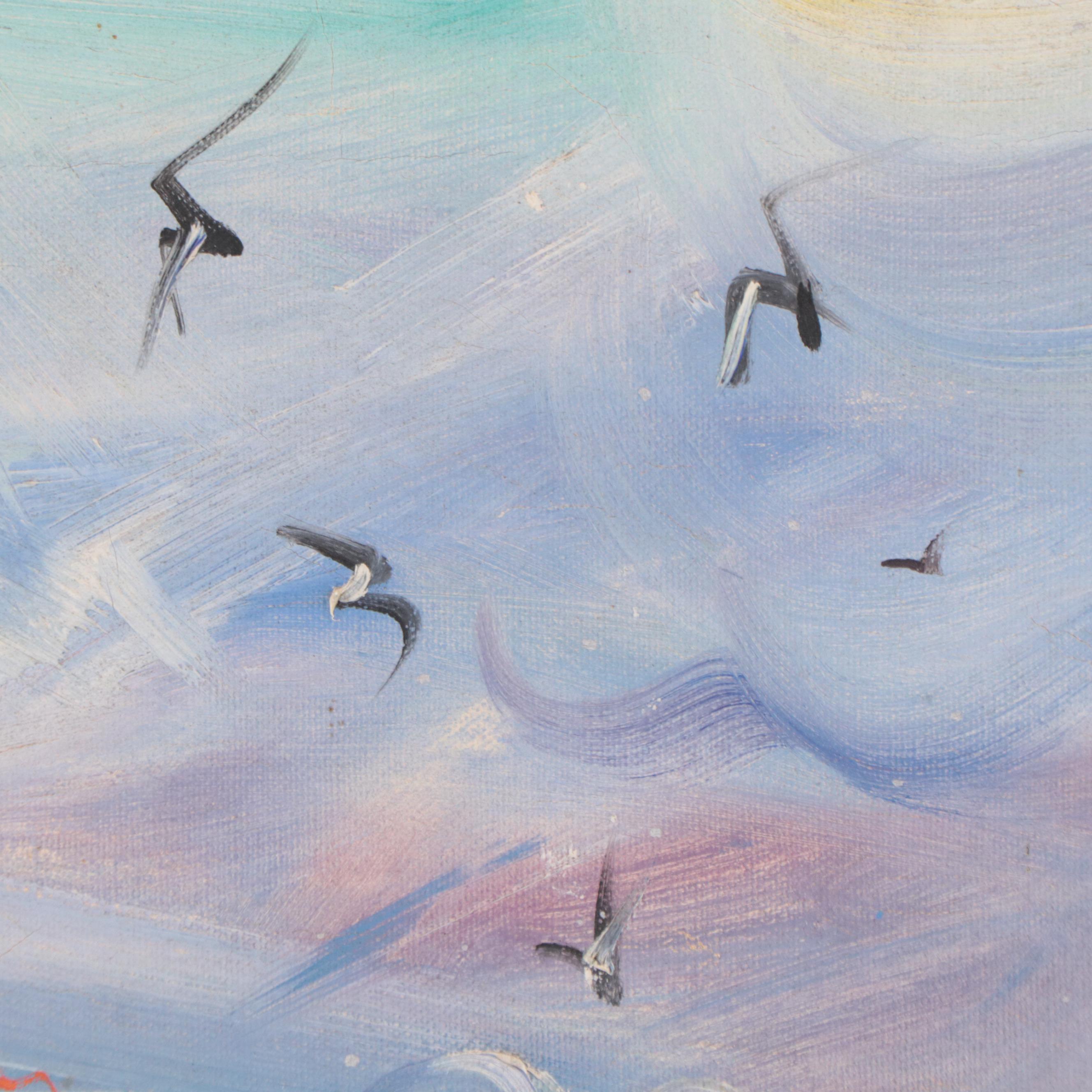 Igor Stylized Oil Painting of Harbor Scene, Late 20th Century