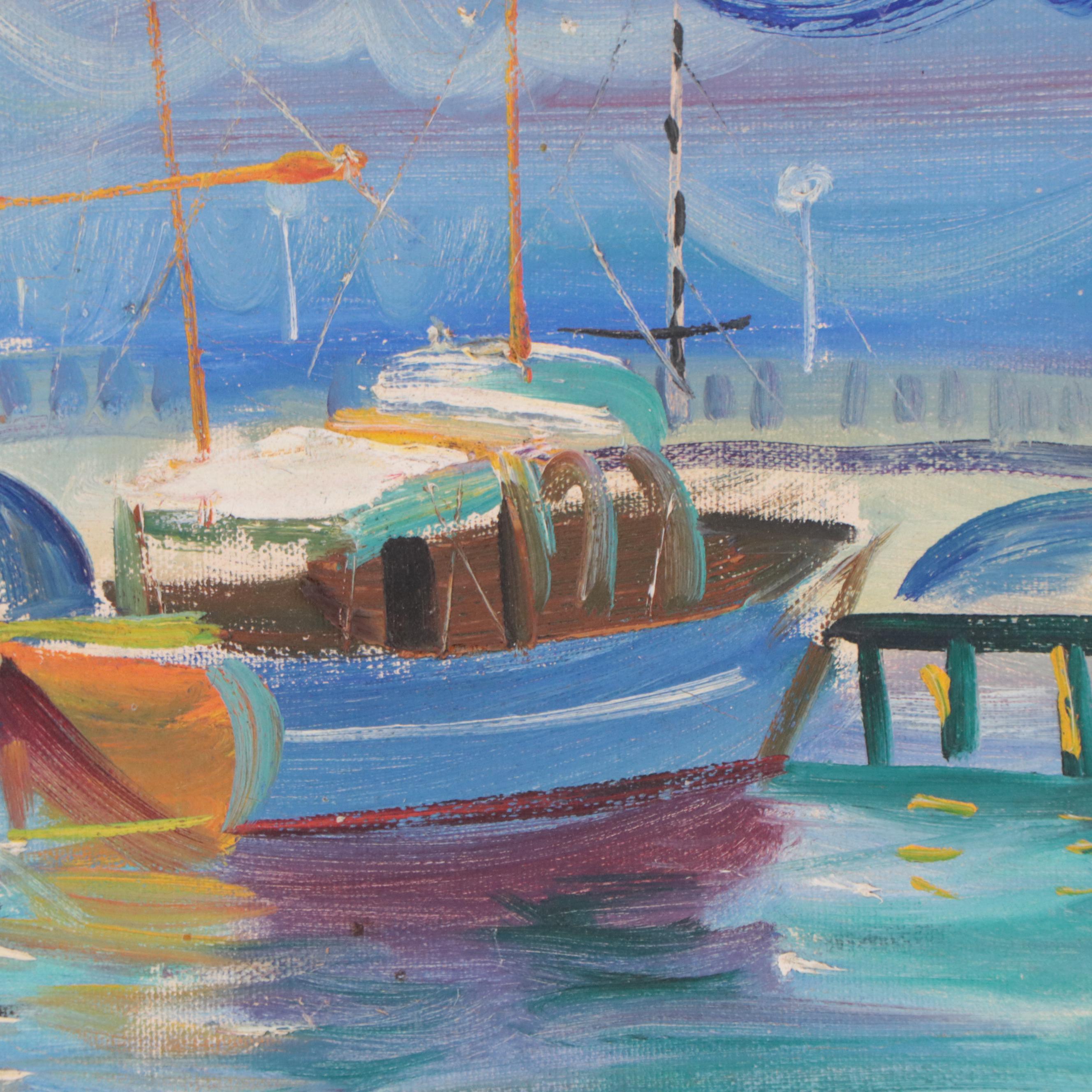 Igor Stylized Oil Painting of Harbor Scene, Late 20th Century