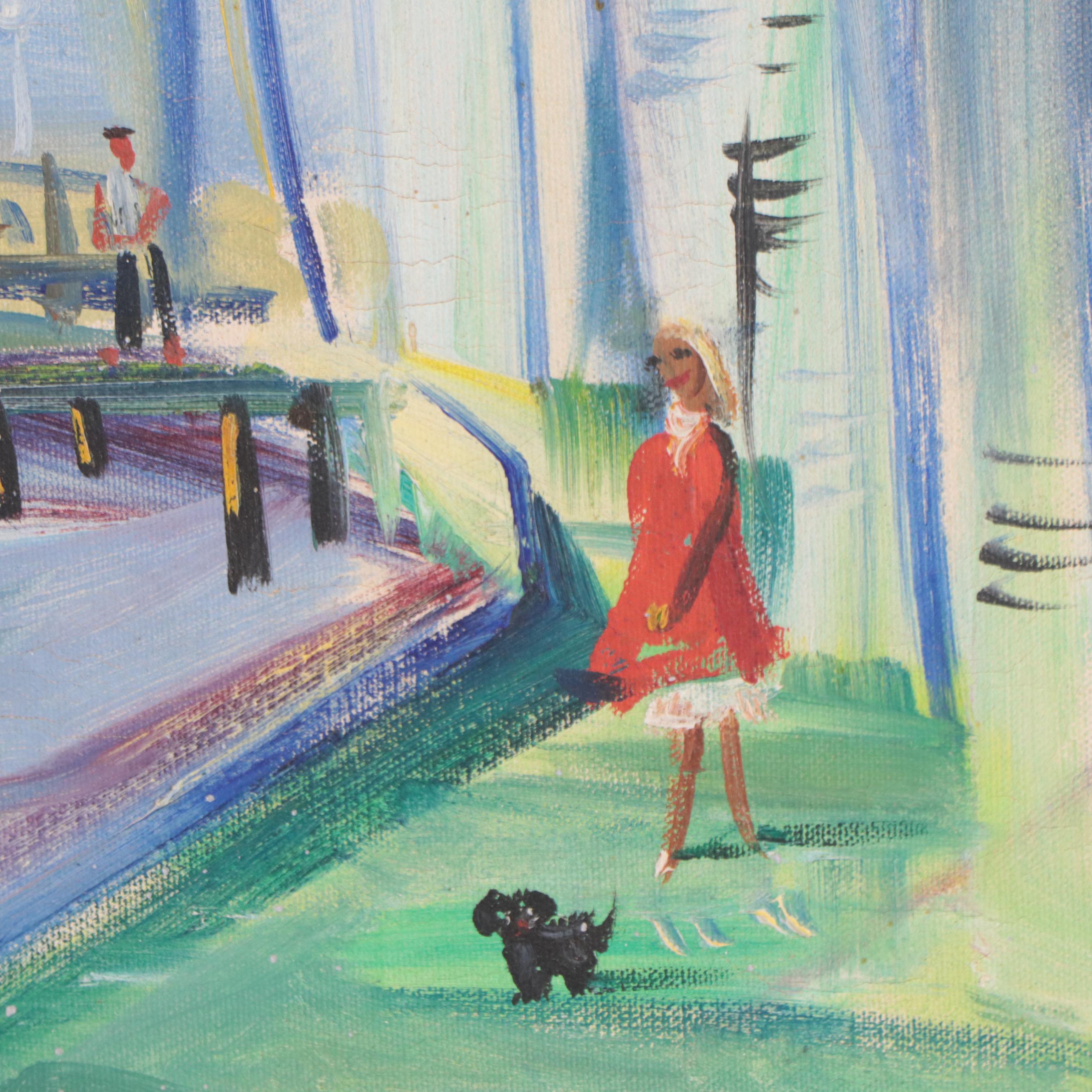 Igor Stylized Oil Painting of Harbor Scene, Late 20th Century