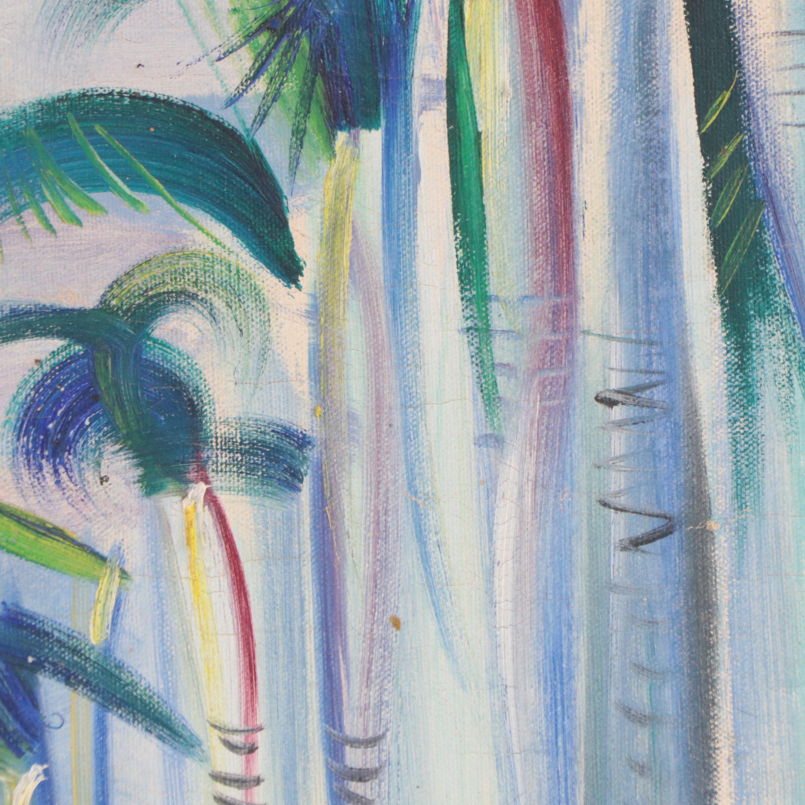 Igor Stylized Oil Painting of Harbor Scene, Late 20th Century