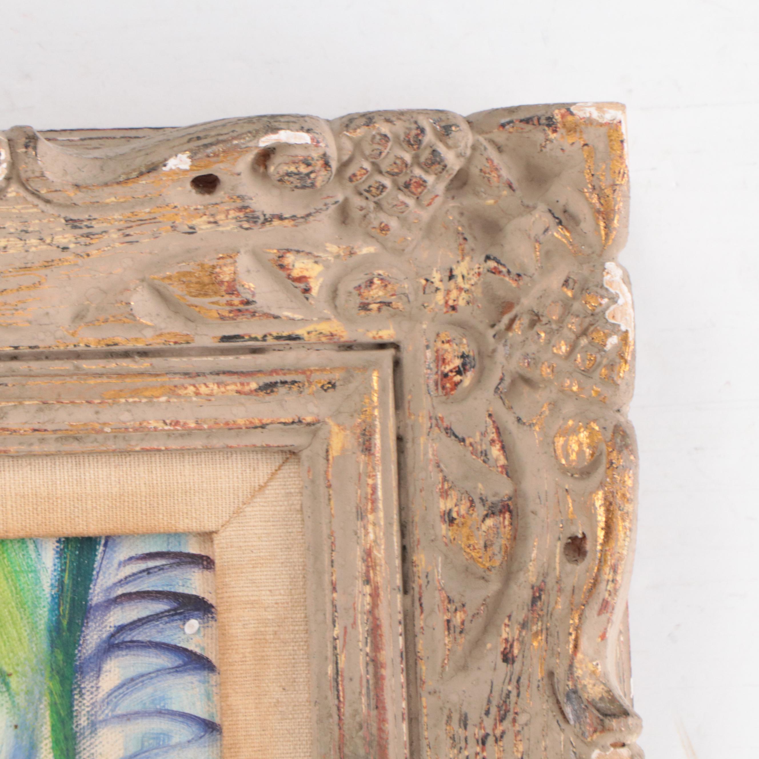 Igor Stylized Oil Painting of Harbor Scene, Late 20th Century