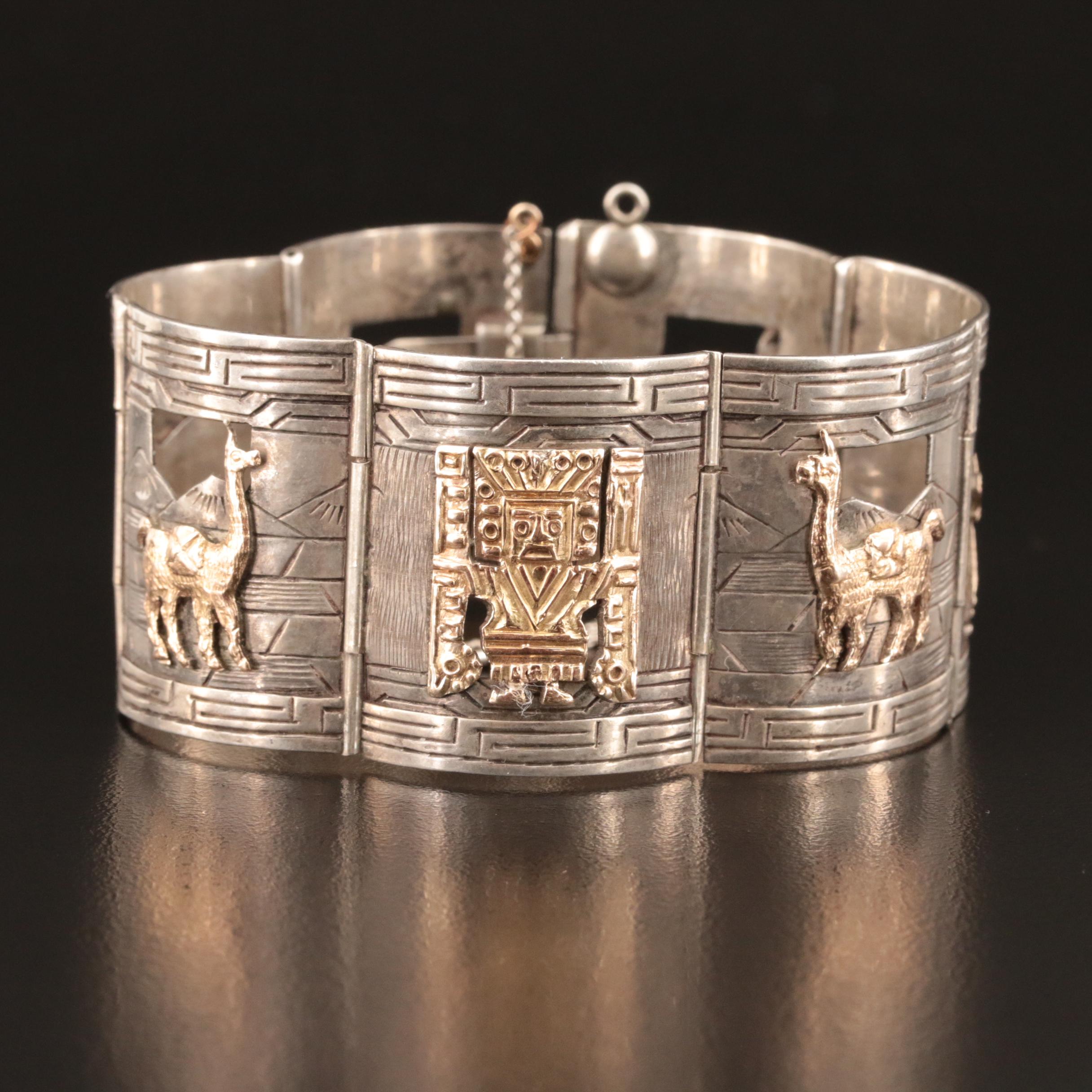 Mesoamerican Signed Sterling Panel Bracelet with 18K Accents