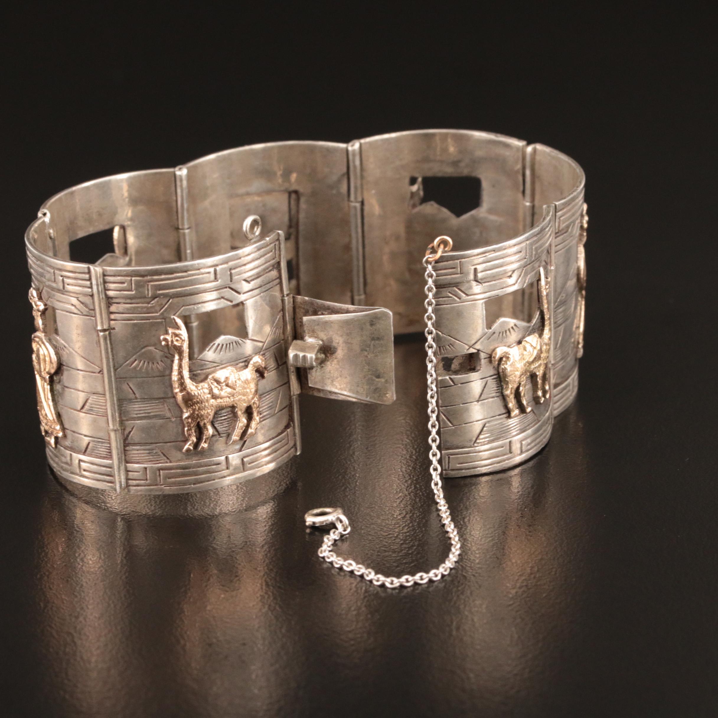 Mesoamerican Signed Sterling Panel Bracelet with 18K Accents