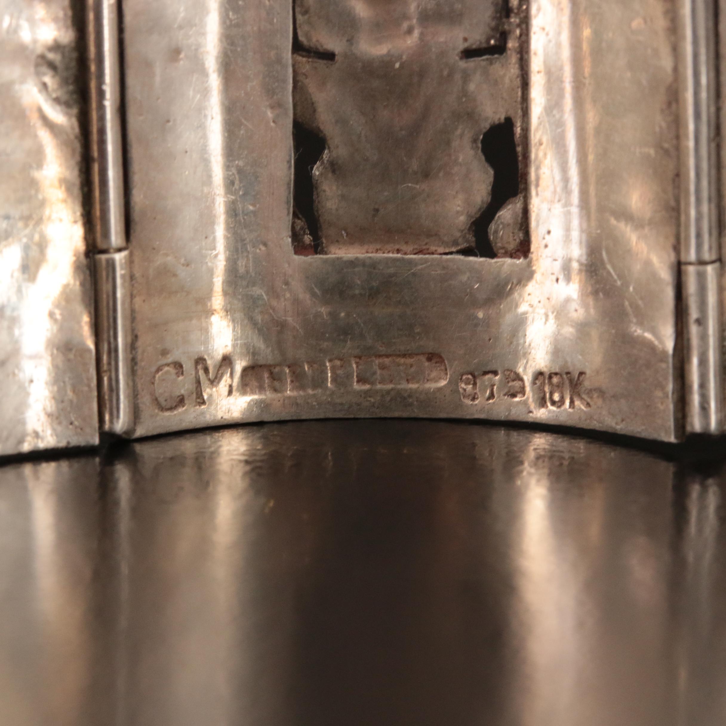 Mesoamerican Signed Sterling Panel Bracelet with 18K Accents