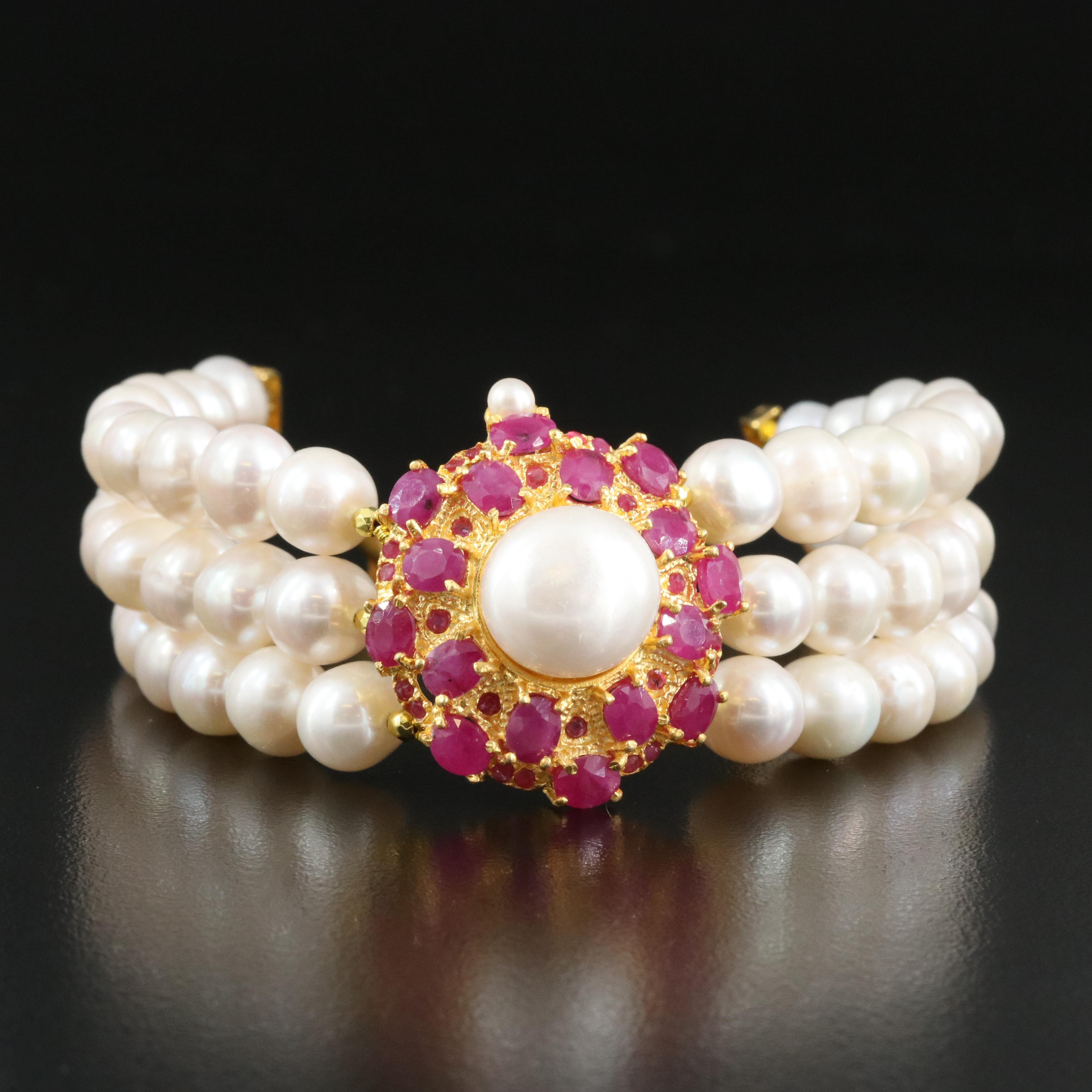 Sterling Pearl and Corundum Bracelet