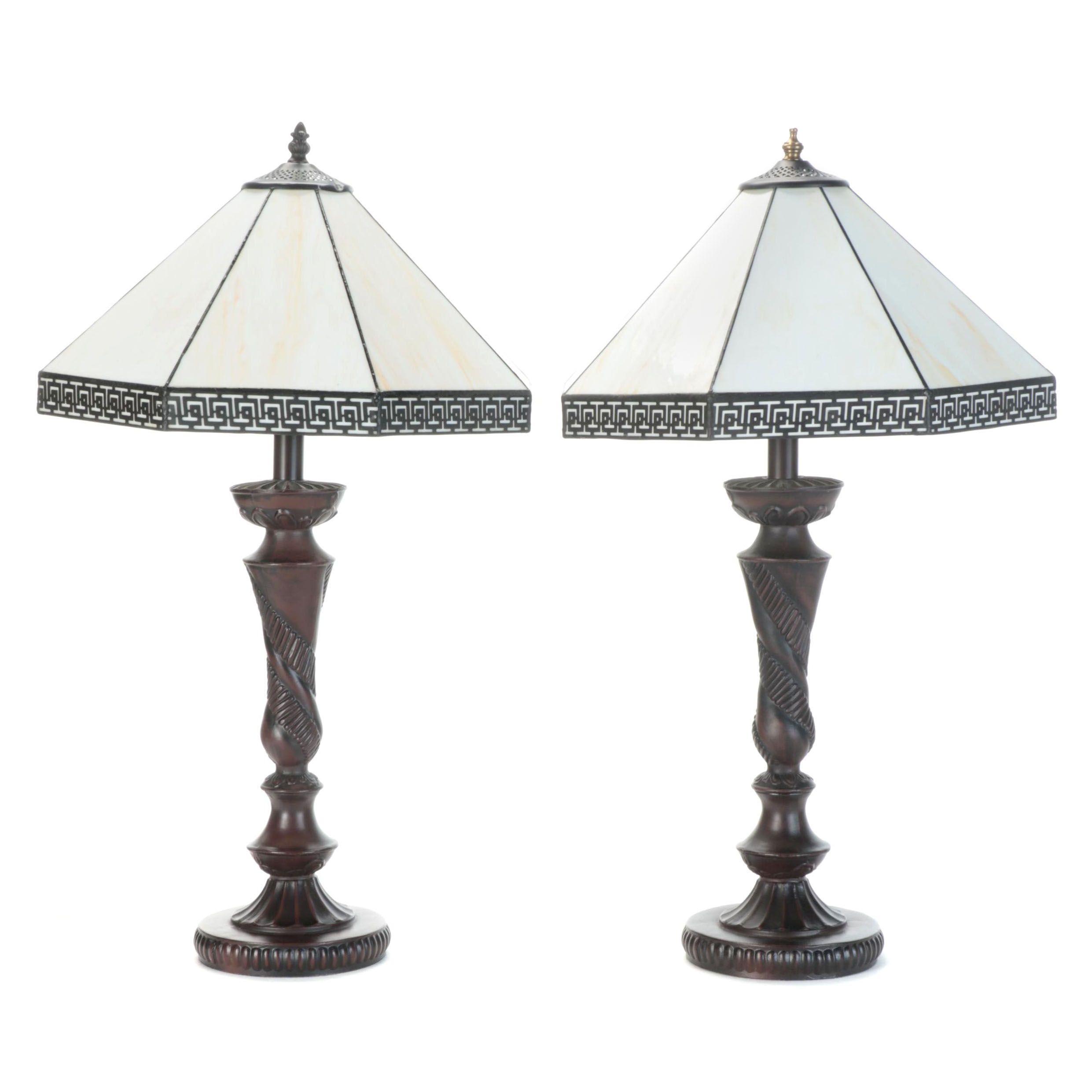 Pair of Slag Glass and Cast Metal Table Lamps, Contemporary
