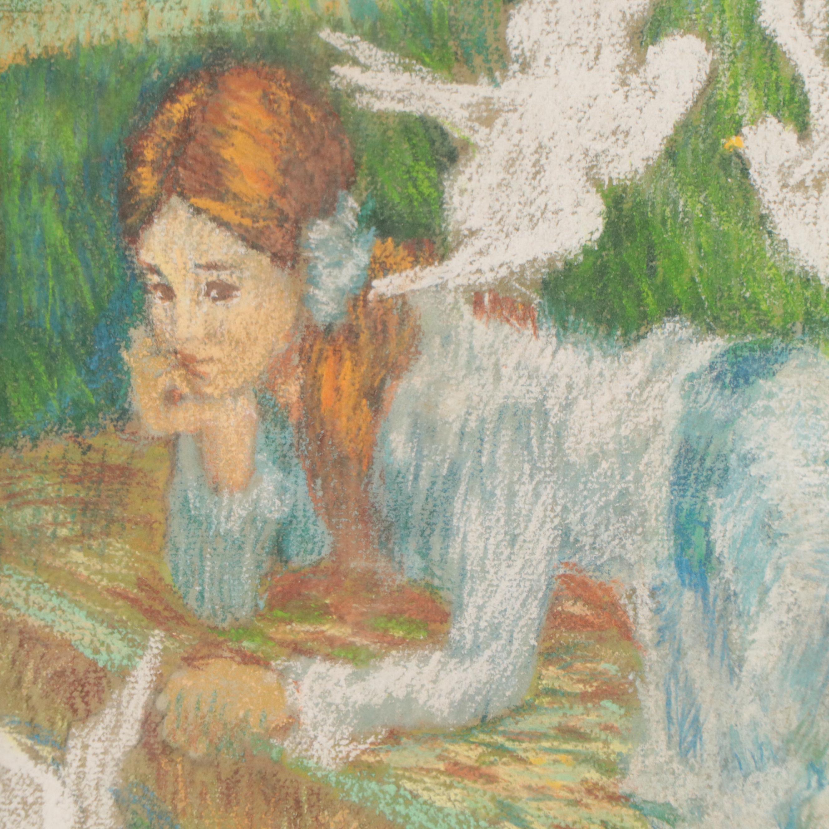 Pastel Drawing of Young Girl in a Tree House, Mid-20th Century