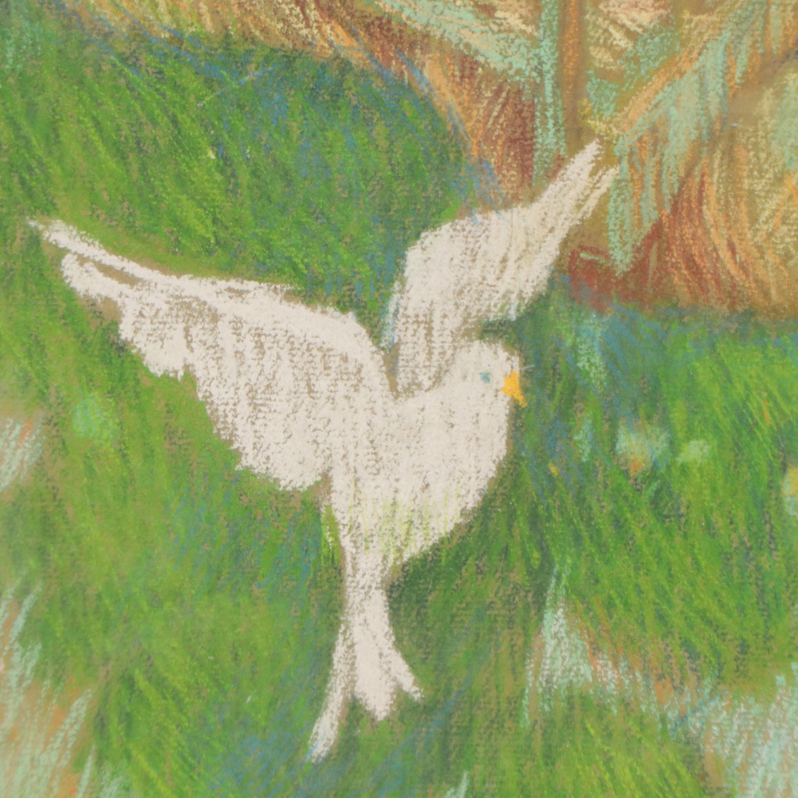 Pastel Drawing of Young Girl in a Tree House, Mid-20th Century