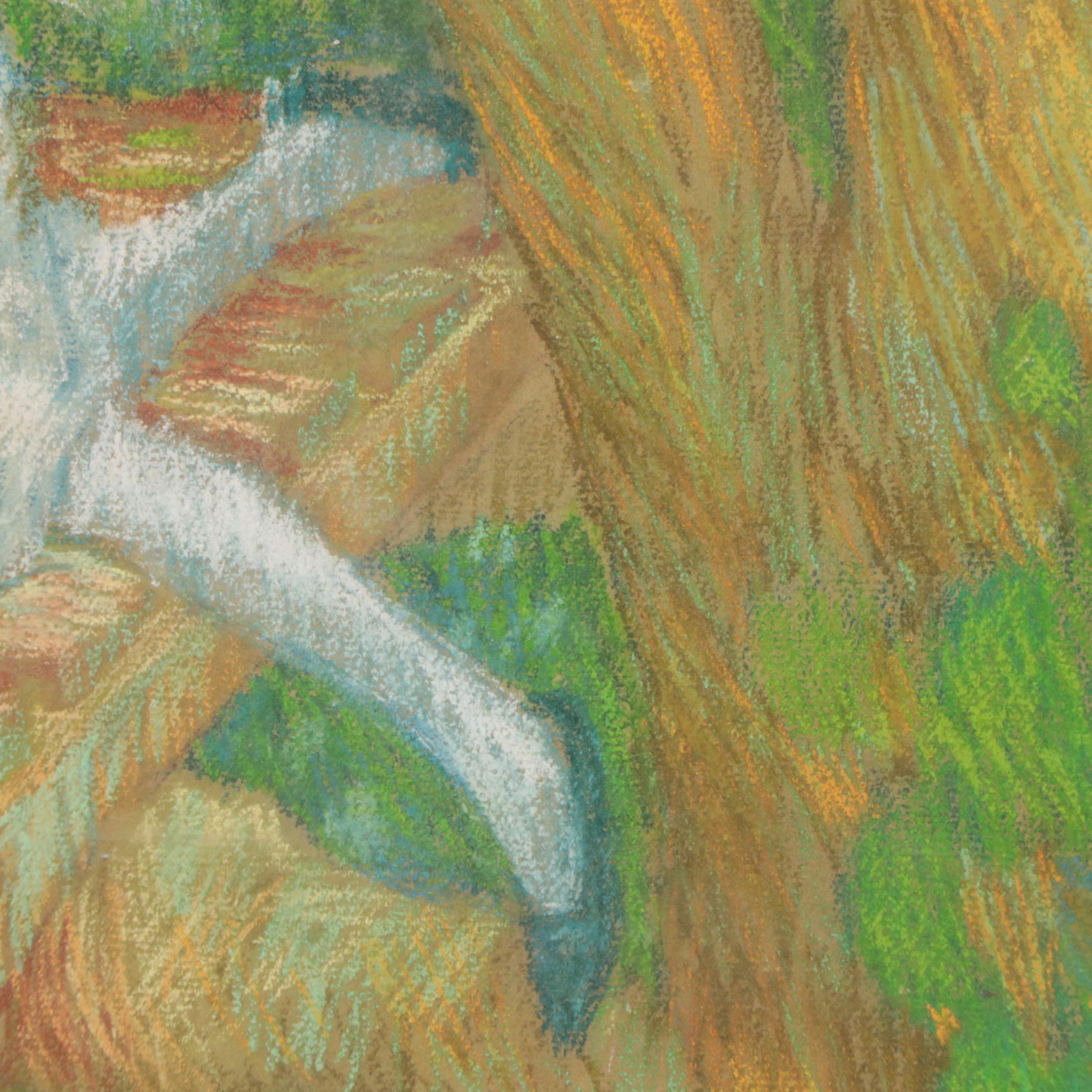 Pastel Drawing of Young Girl in a Tree House, Mid-20th Century