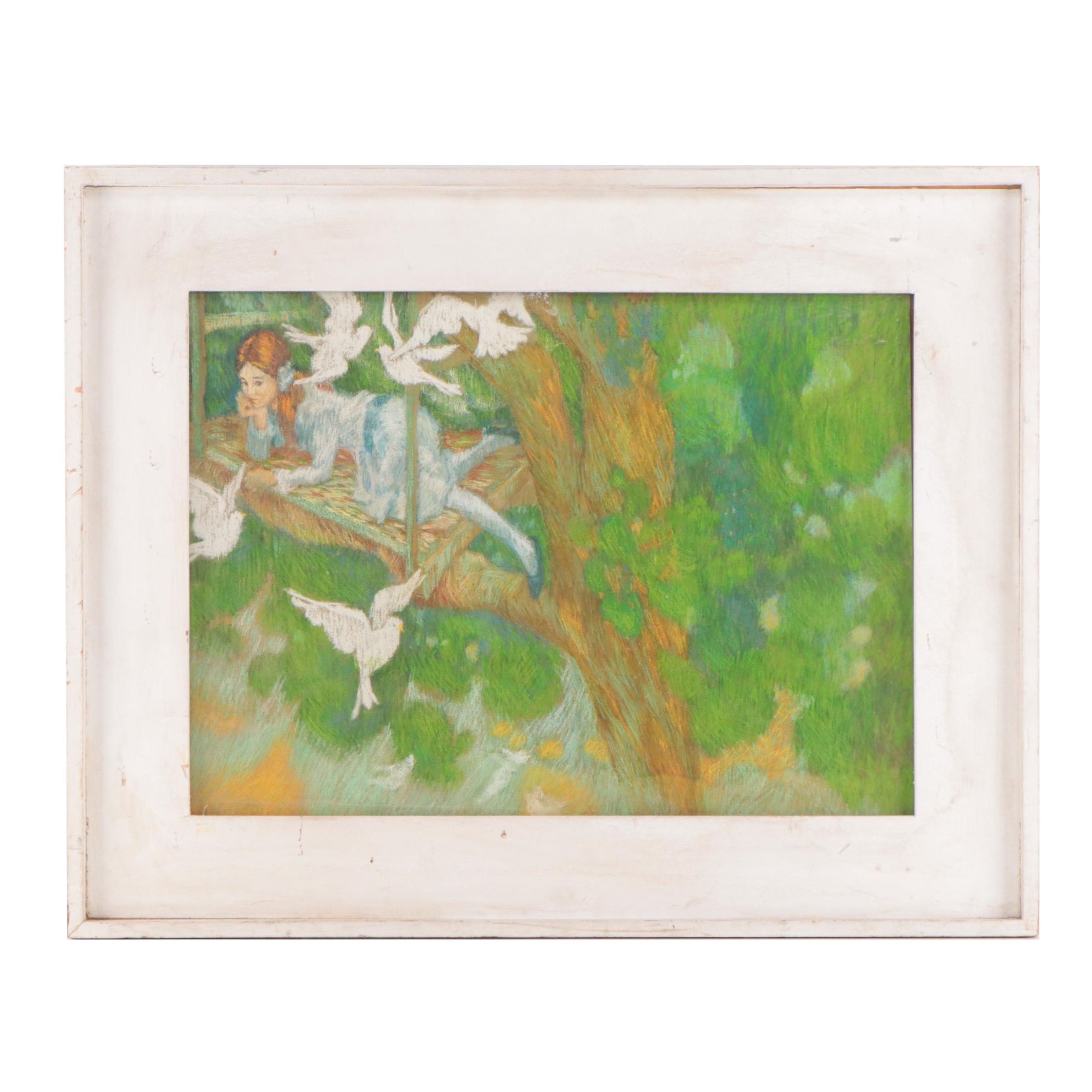 Pastel Drawing of Young Girl in a Tree House, Mid-20th Century