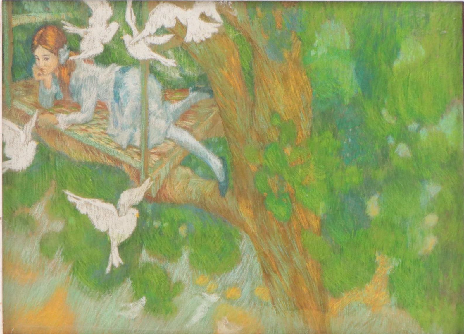 Pastel Drawing of Young Girl in a Tree House, Mid-20th Century