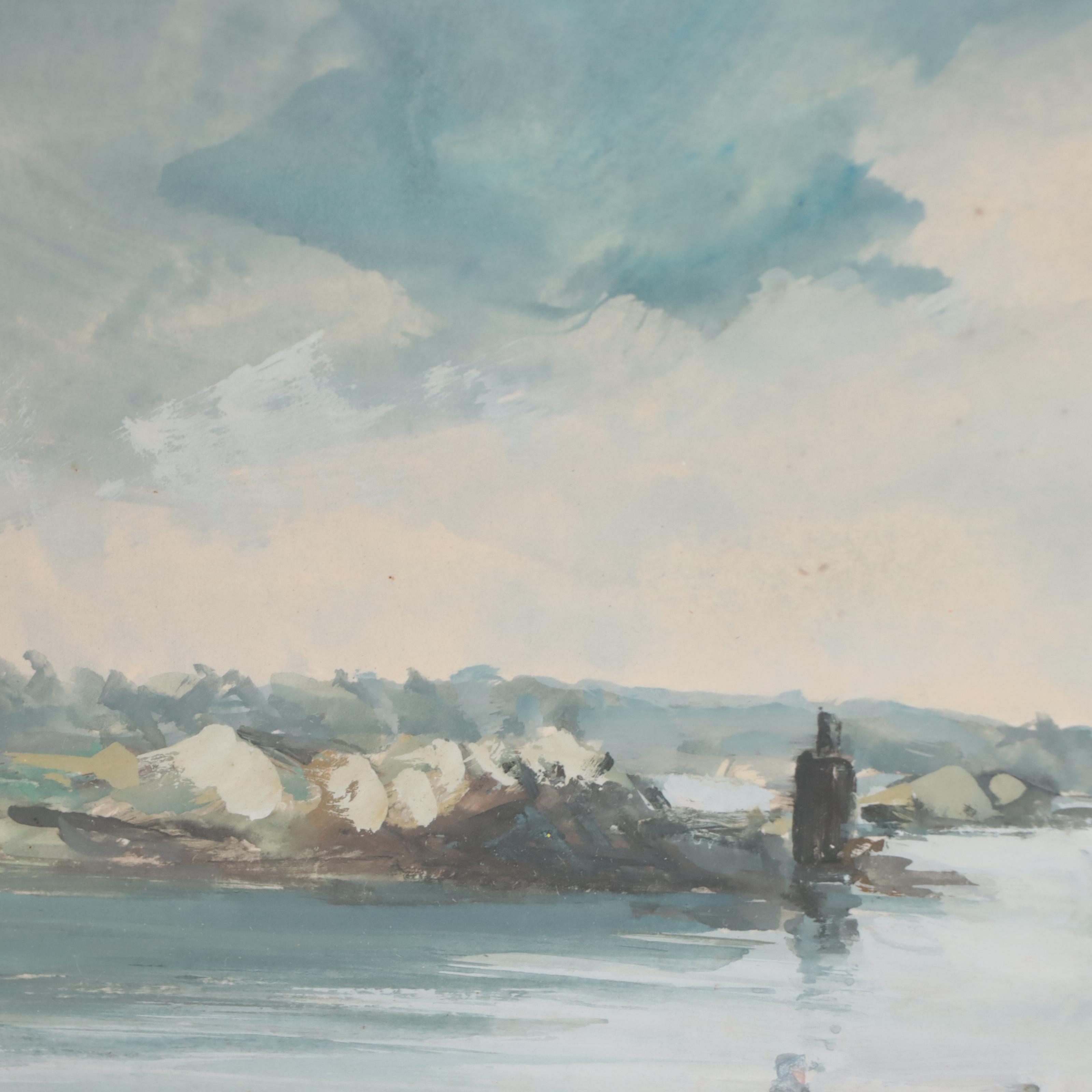 Guy Pennamen Harbor Scene Gouache Painting