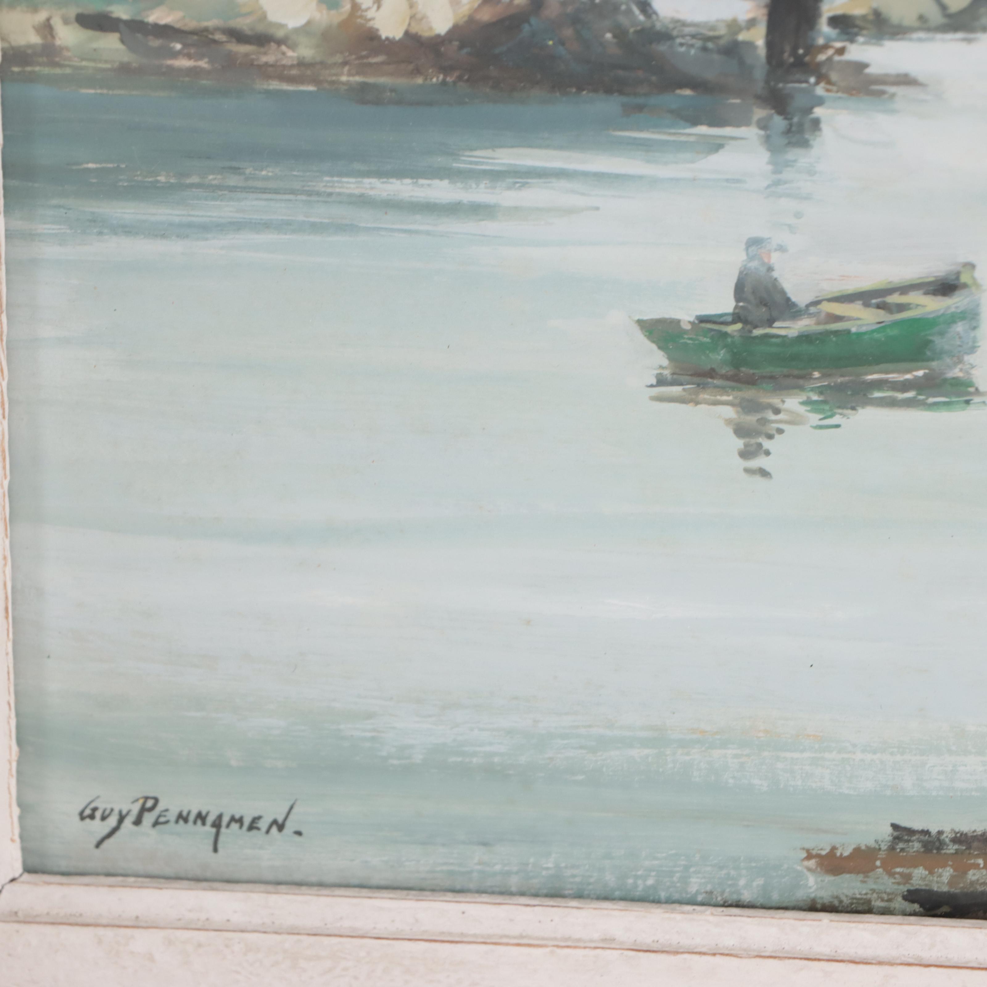 Guy Pennamen Harbor Scene Gouache Painting