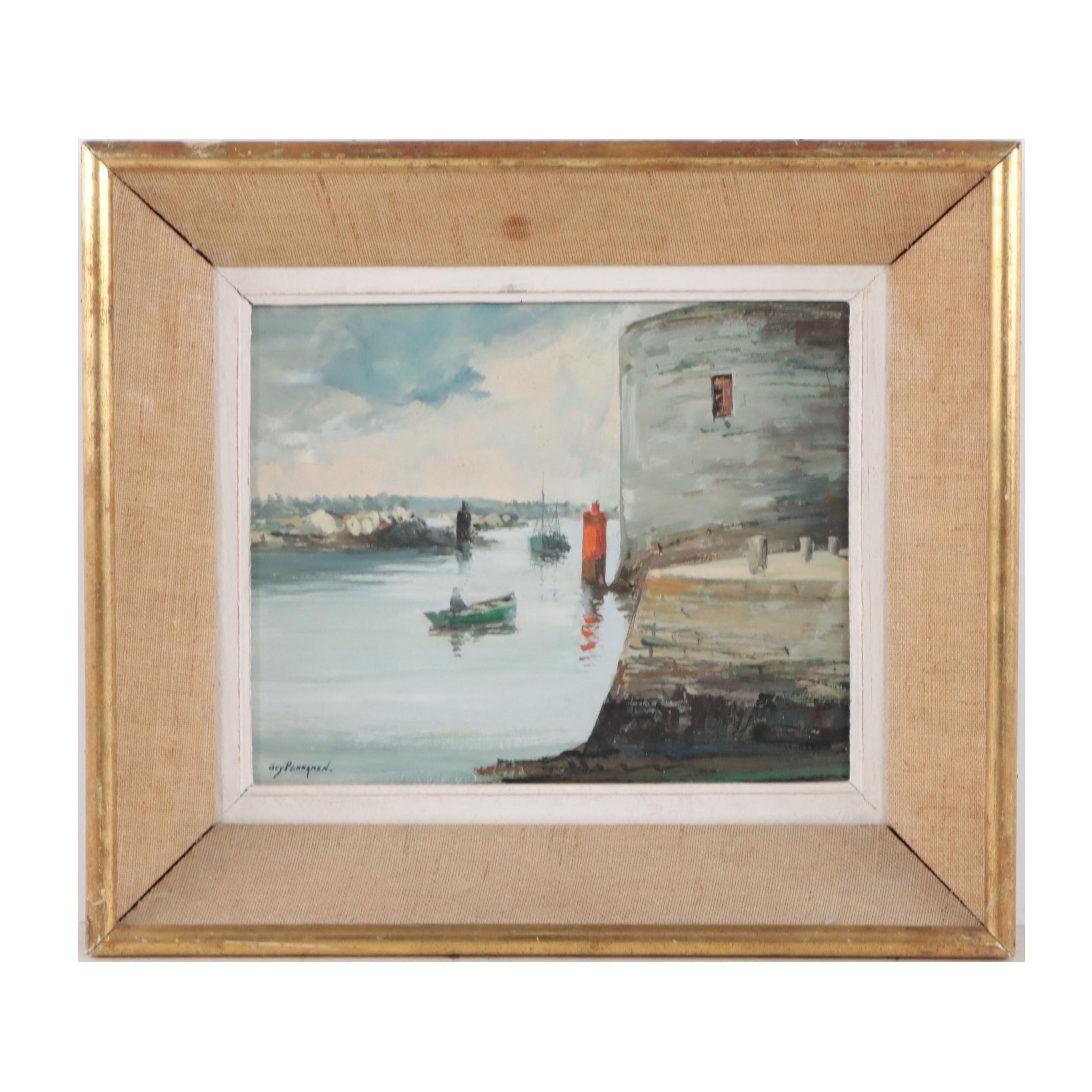 Guy Pennamen Harbor Scene Gouache Painting