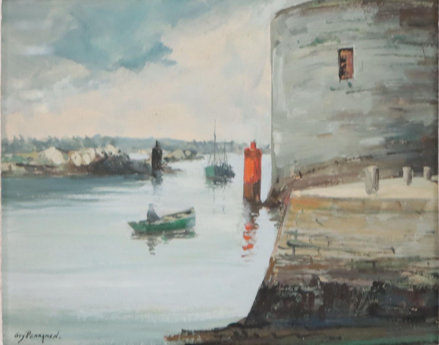 Guy Pennamen Harbor Scene Gouache Painting