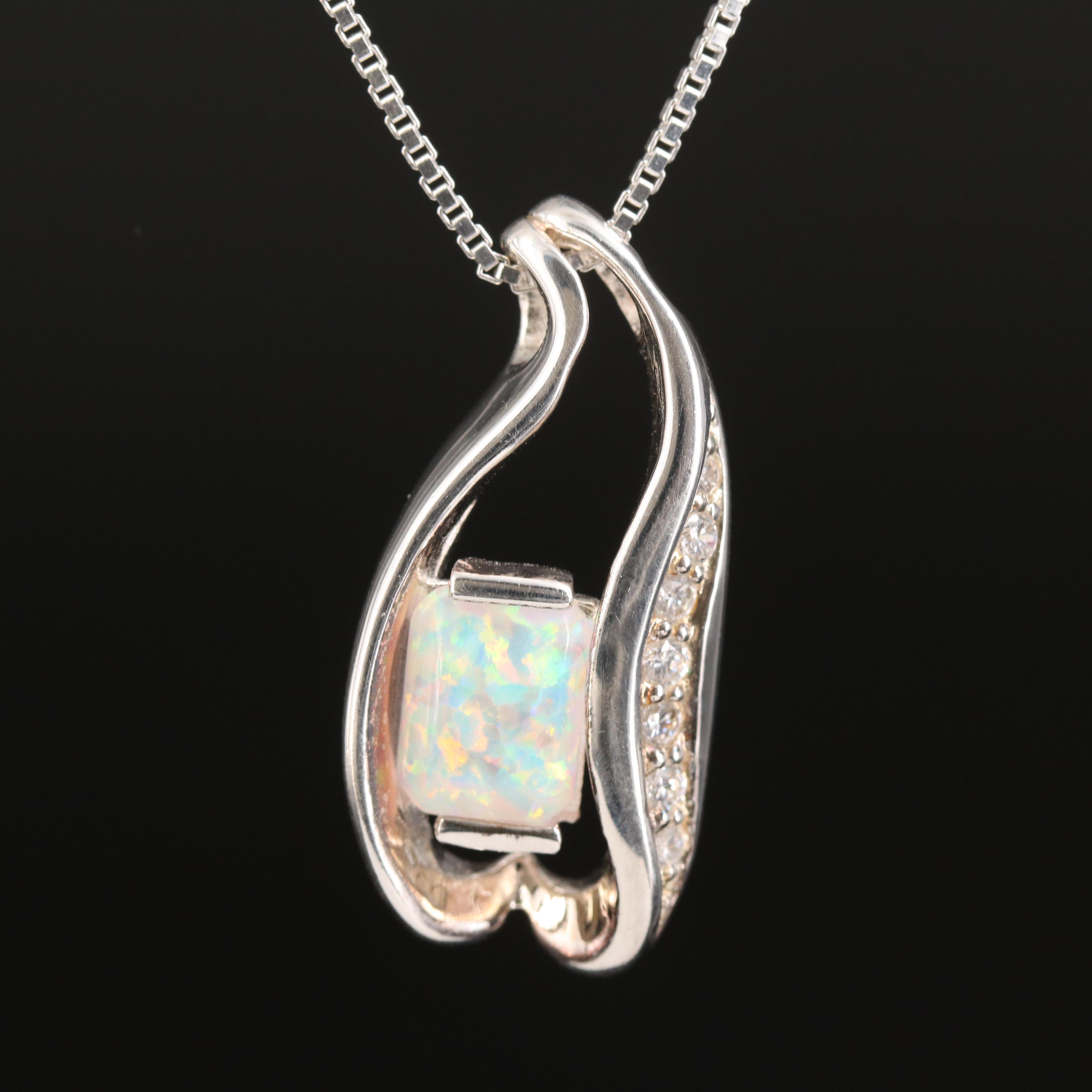 Sterling Opal and Cubic Zirconia Pendant Necklace