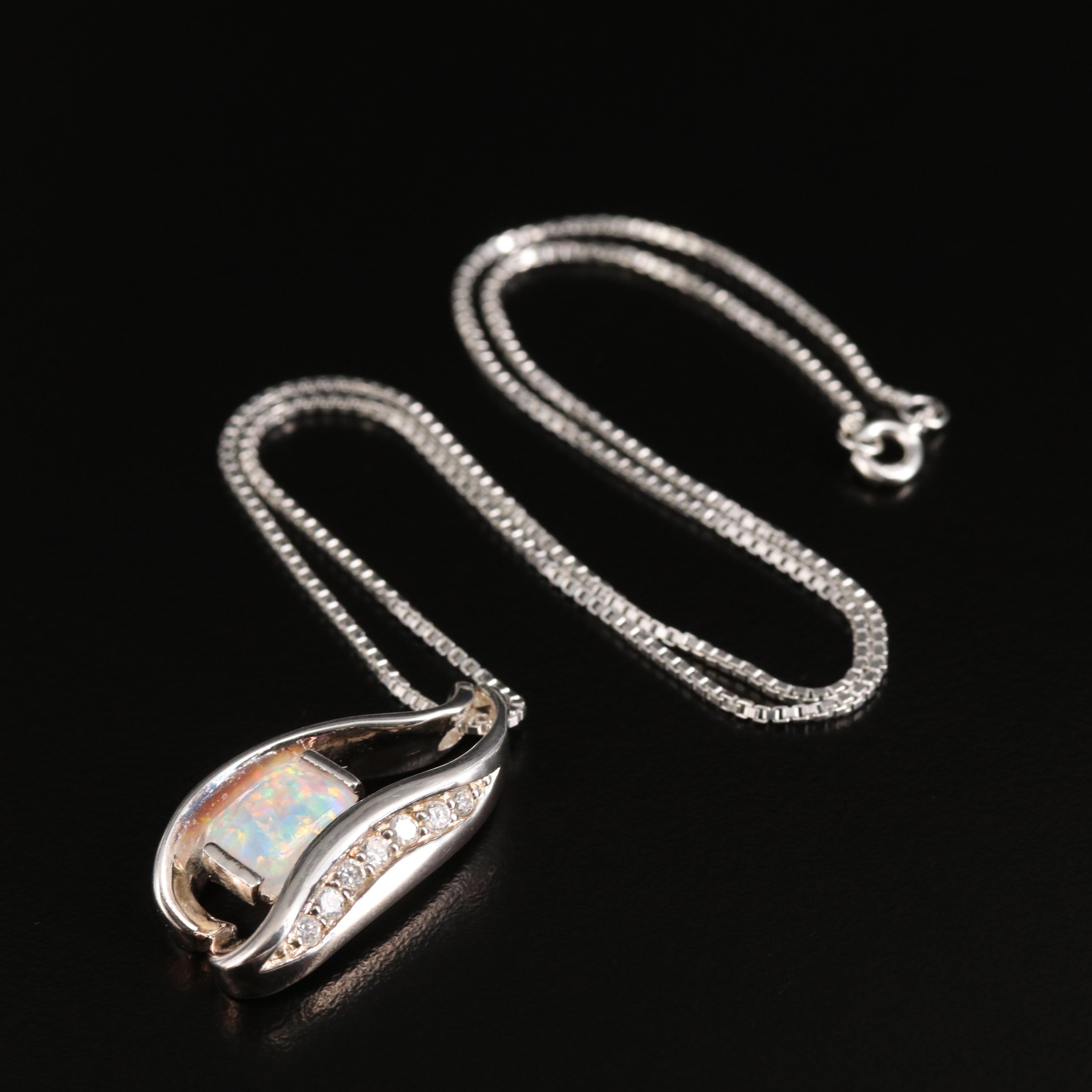 Sterling Opal and Cubic Zirconia Pendant Necklace