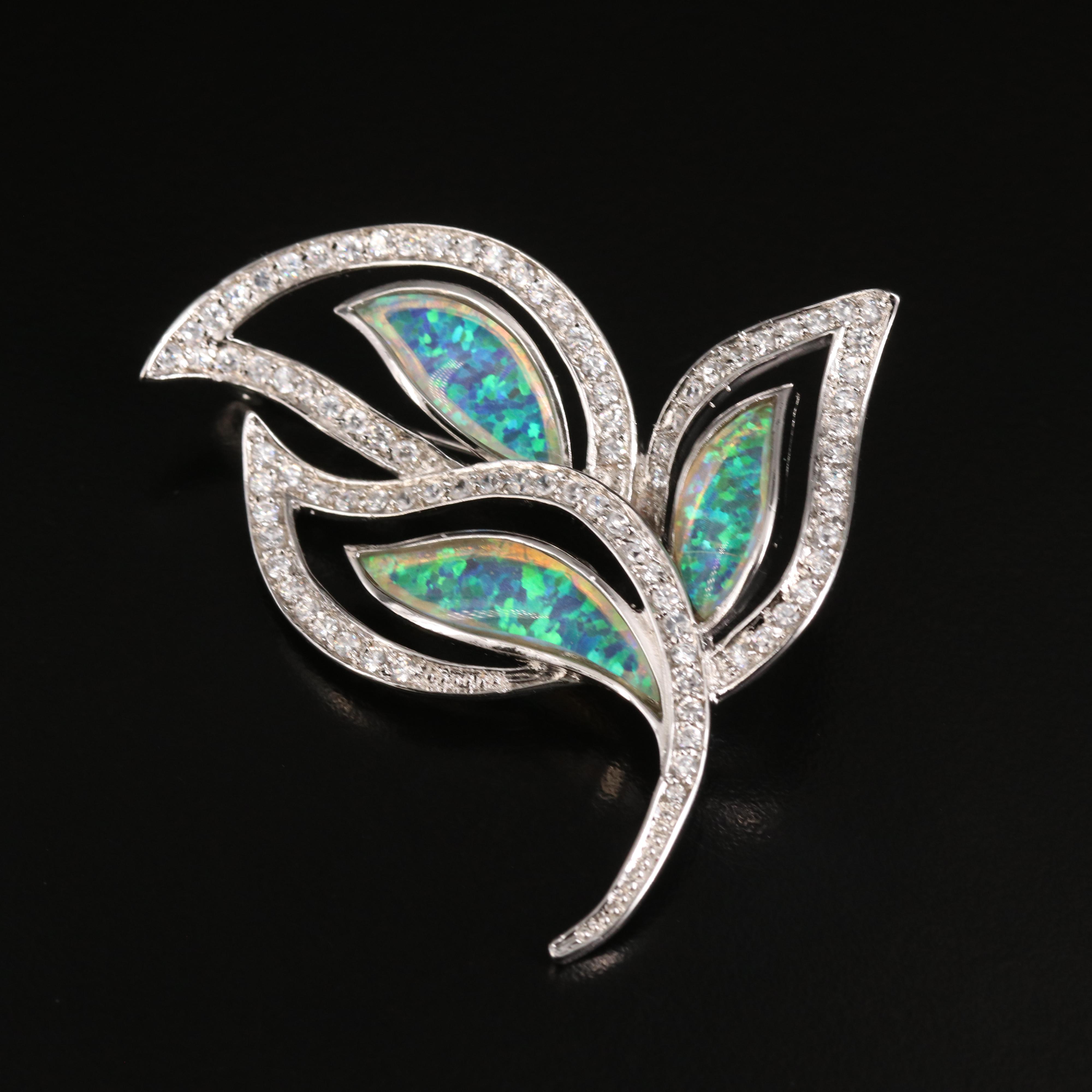 Sterling Opal Doublet and Cubic Zirconia Leaf Brooch