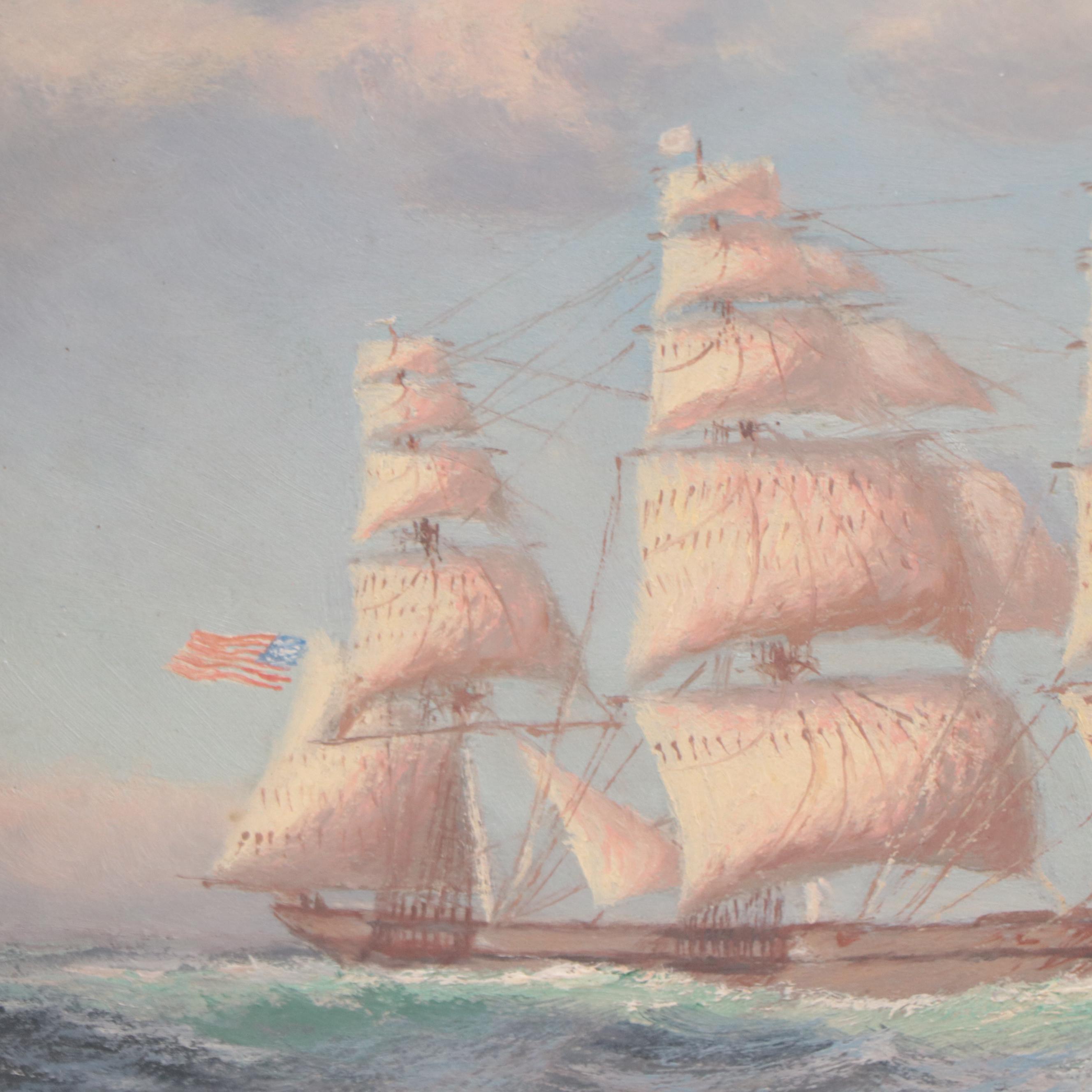 Oil Painting of Sailing Ship On Ocean, Early 20th Century