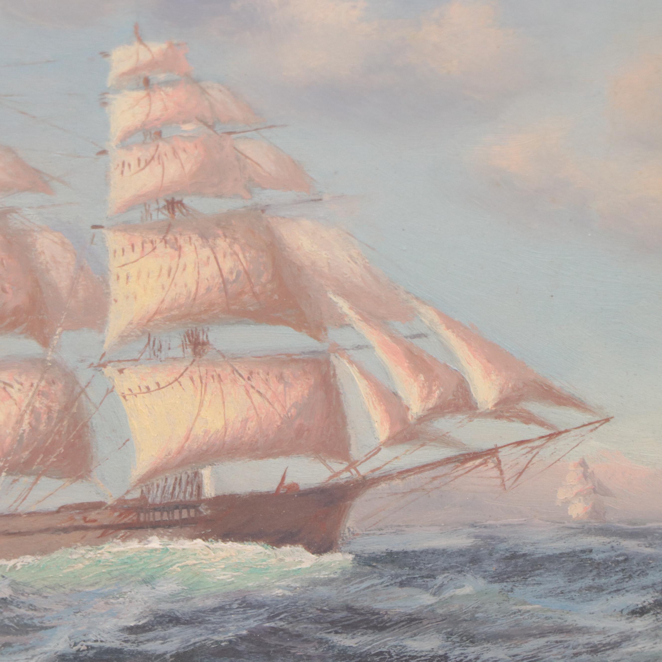 Oil Painting of Sailing Ship On Ocean, Early 20th Century