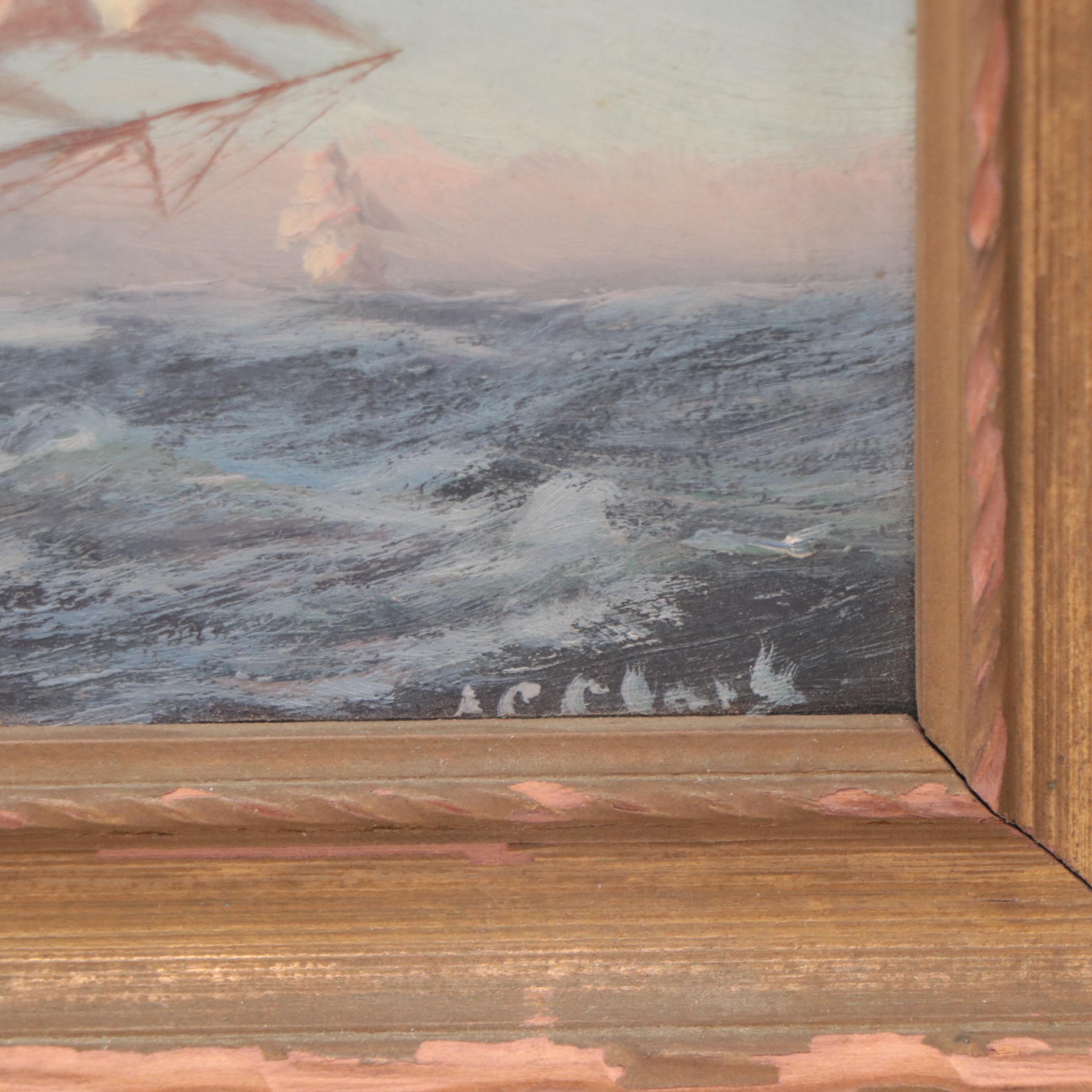 Oil Painting of Sailing Ship On Ocean, Early 20th Century