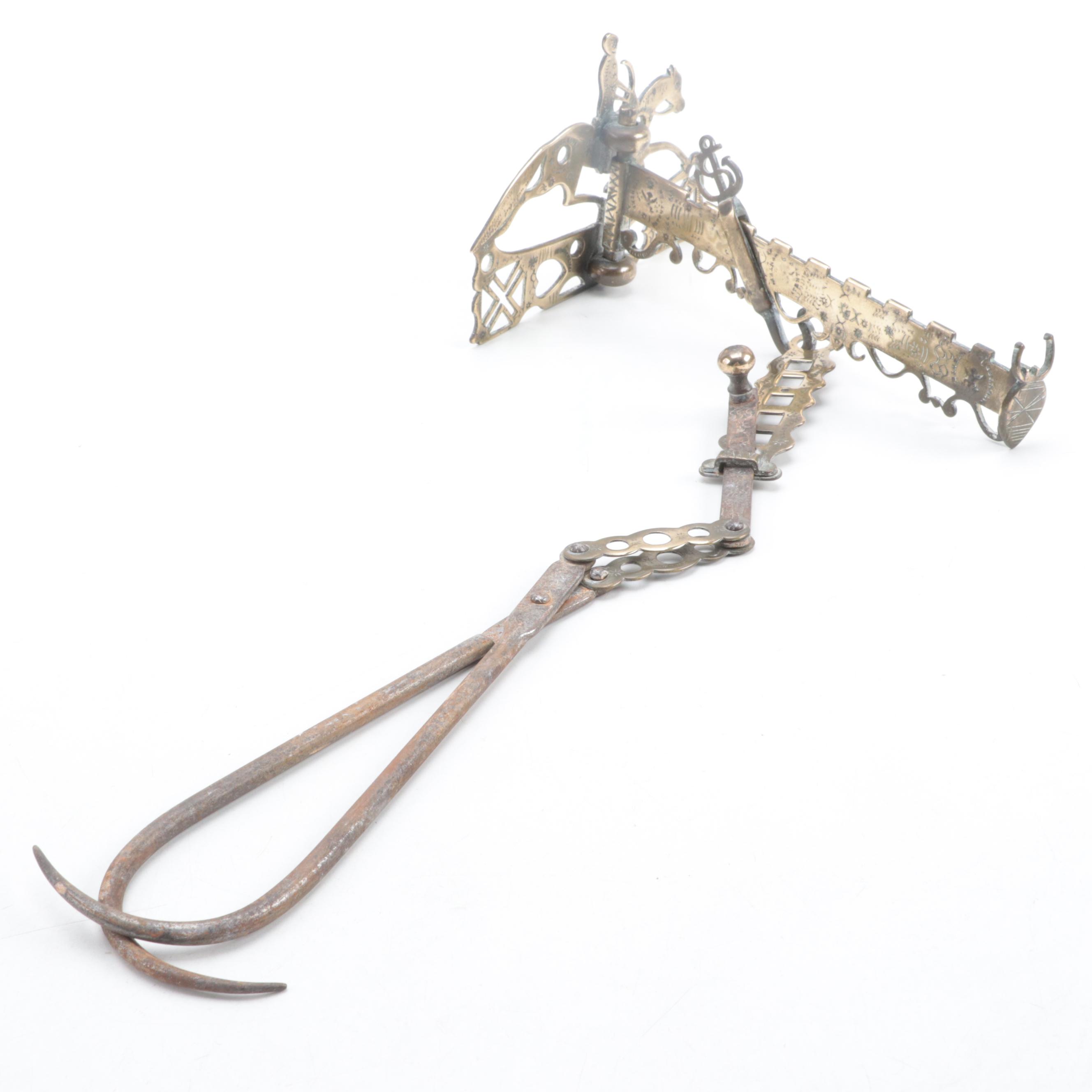 American Chased Brass Hearth Crane in the Form of a Running Horse, circa 1840